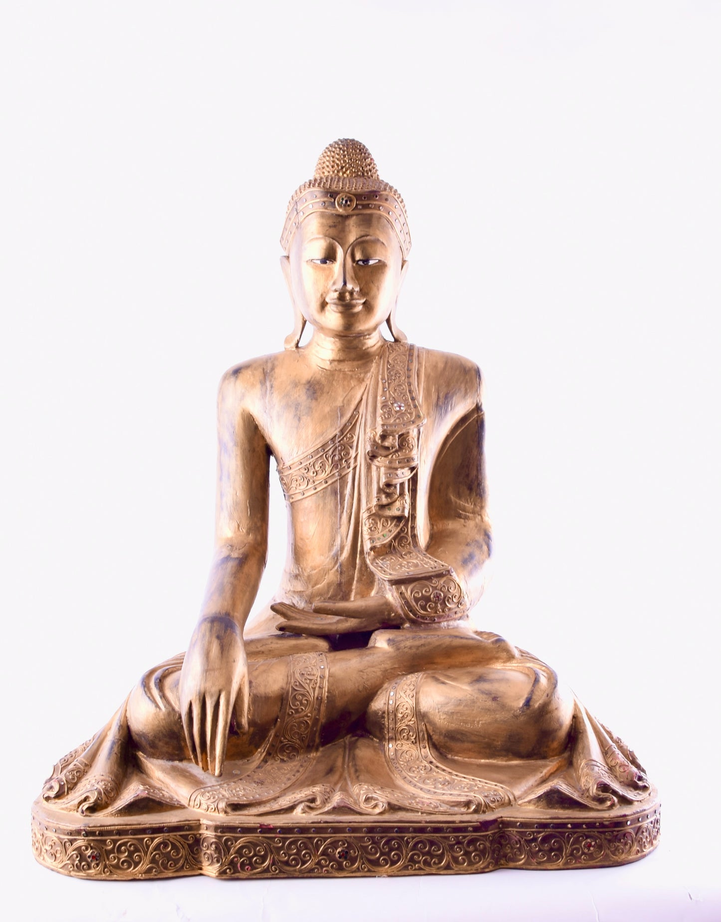 Budda siedzący złoty pięknie zdobiony drewno imponujący XX w 76x63x43 cm