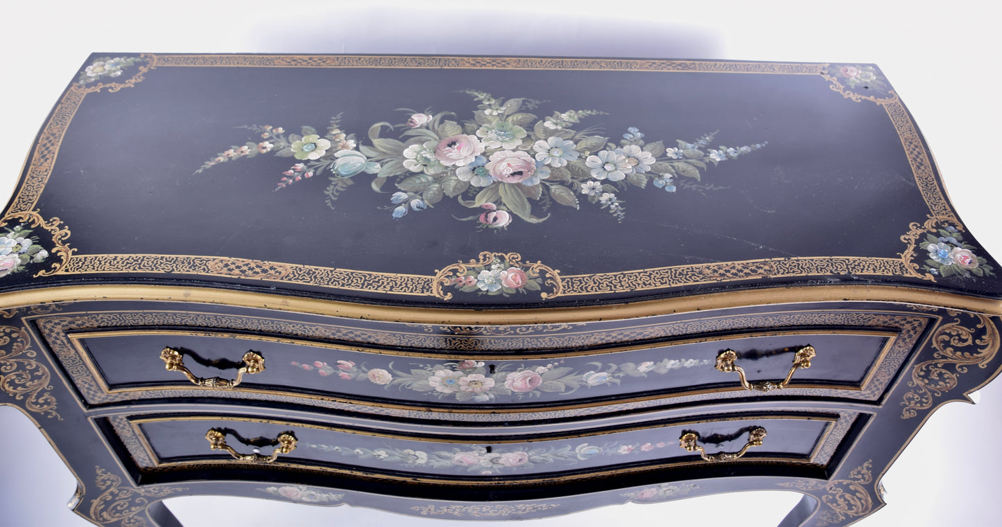 Sztuka Chin komoda malowana w bukiety kwiatów czarna laka 107x82x42 cm
