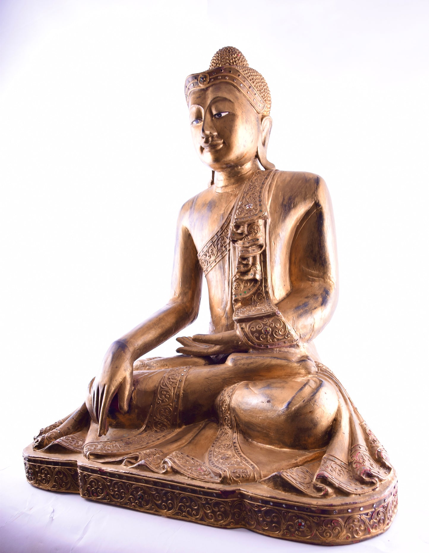 Budda siedzący złoty pięknie zdobiony drewno imponujący XX w 76x63x43 cm