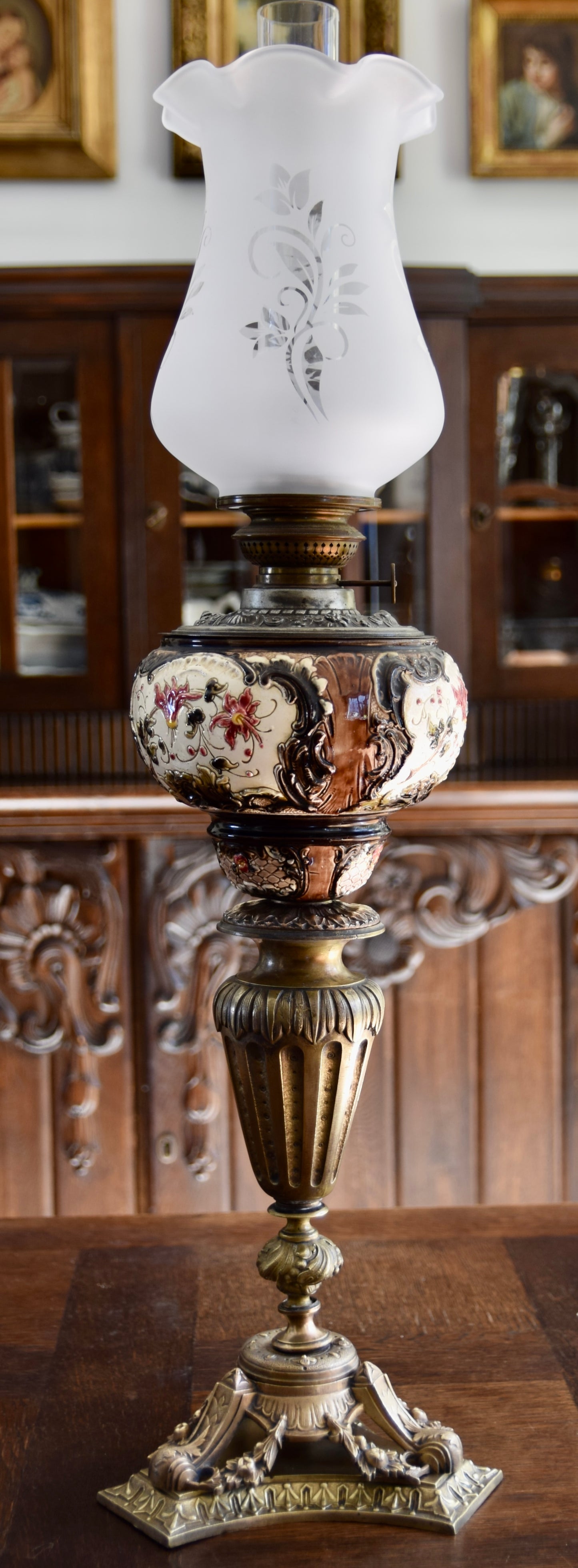 Antyczna lampa naftowa z majoliki – Alexandra 80 cm 1900 rok