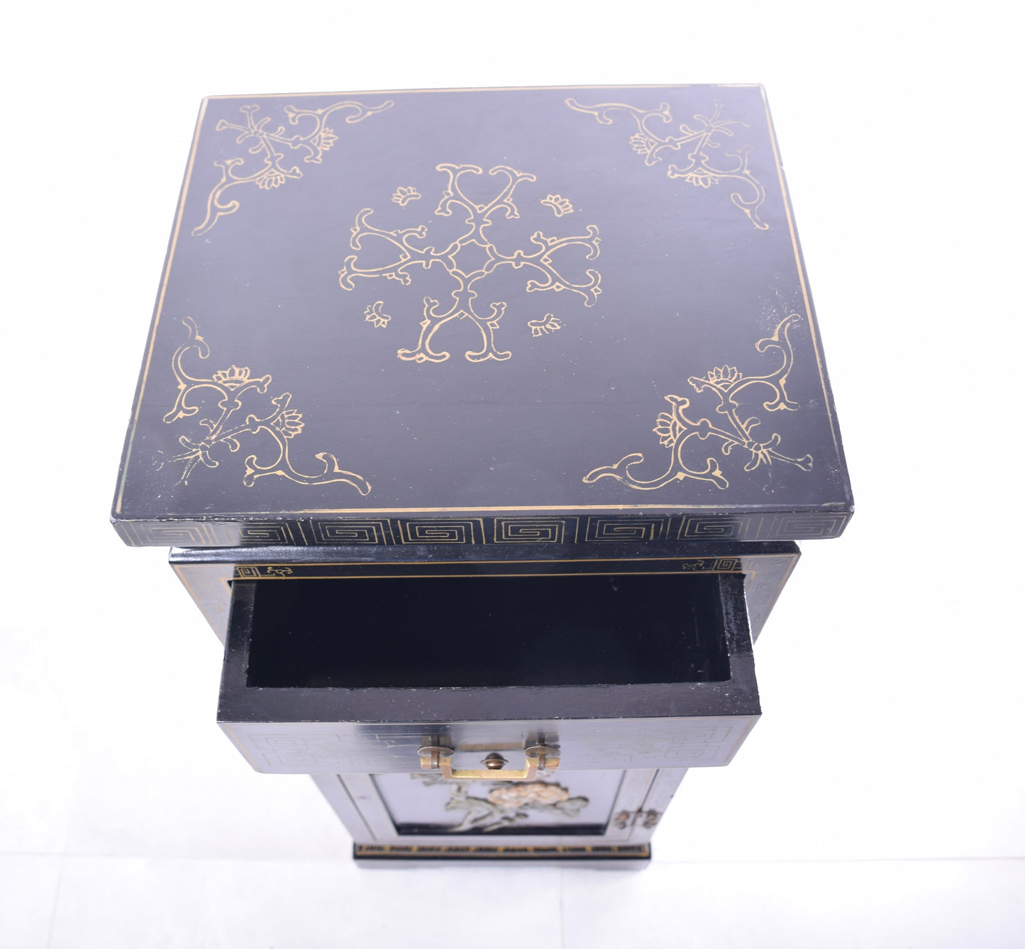 Sztuka Chin komoda słupek z ptakami i kwiatami czarna zgrabna 88x34x29 cm