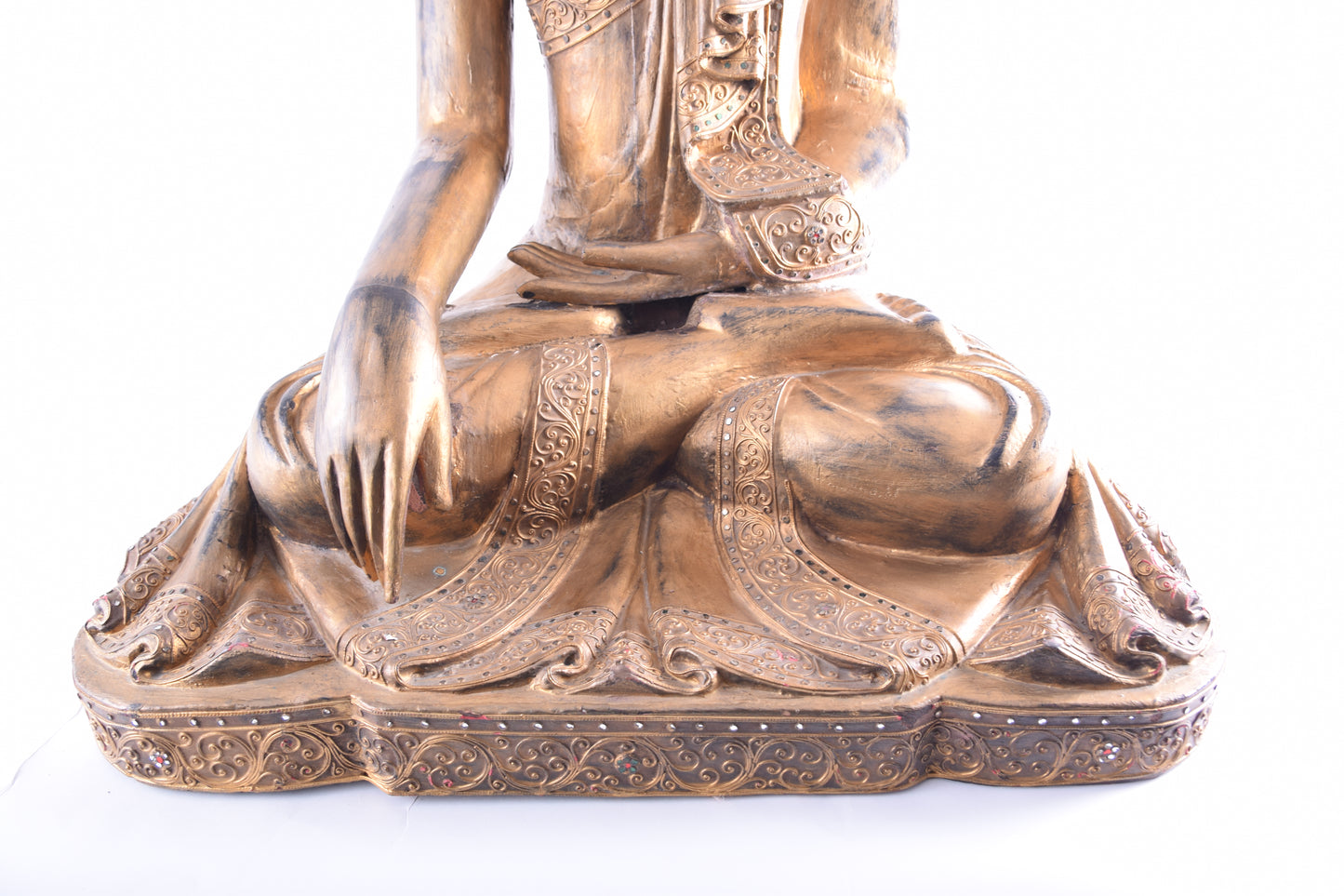 Budda siedzący złoty pięknie zdobiony drewno imponujący XX w 76x63x43 cm