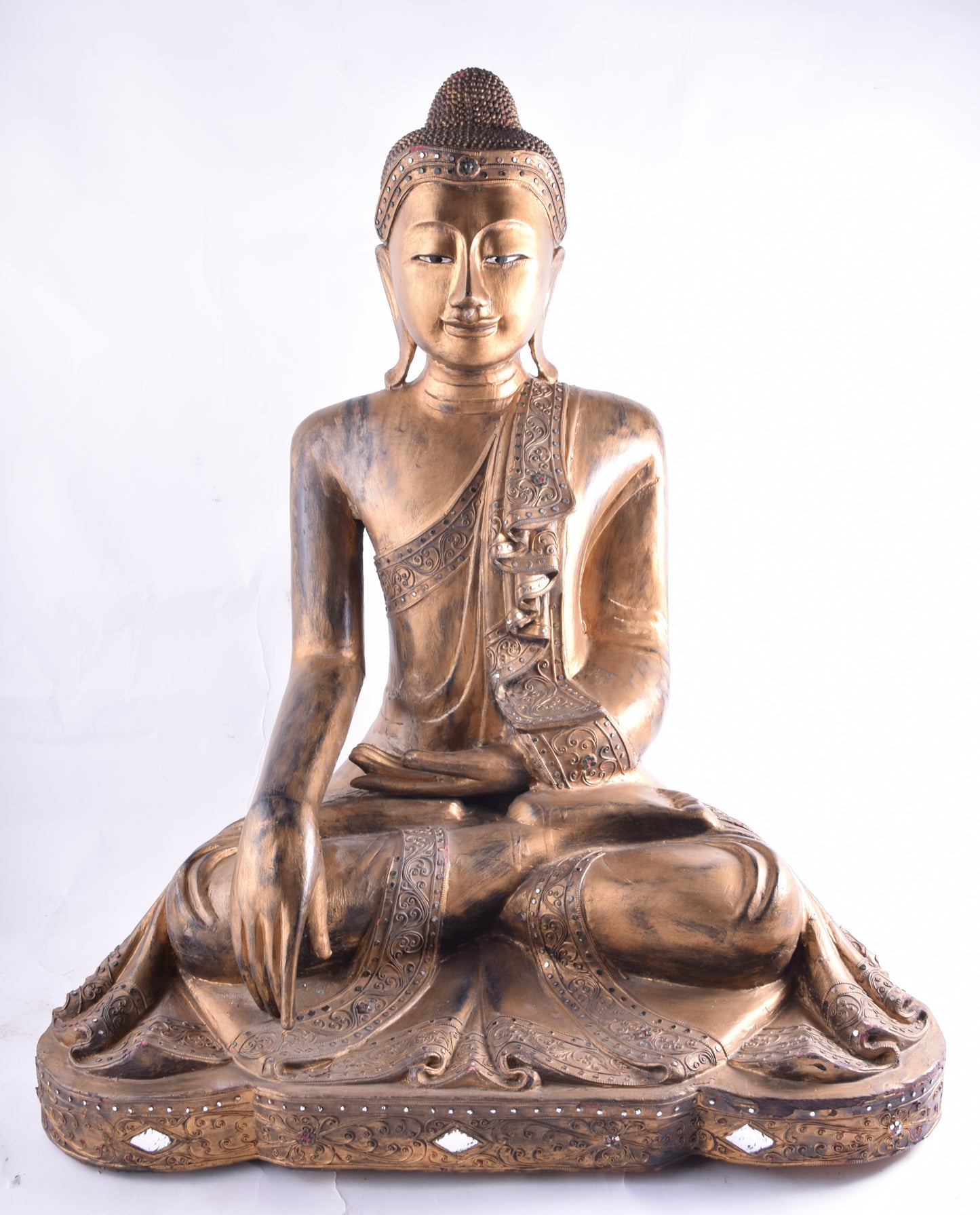 Budda siedzący złoty pięknie zdobiony drewno imponujący XX w 76x66x42 cm