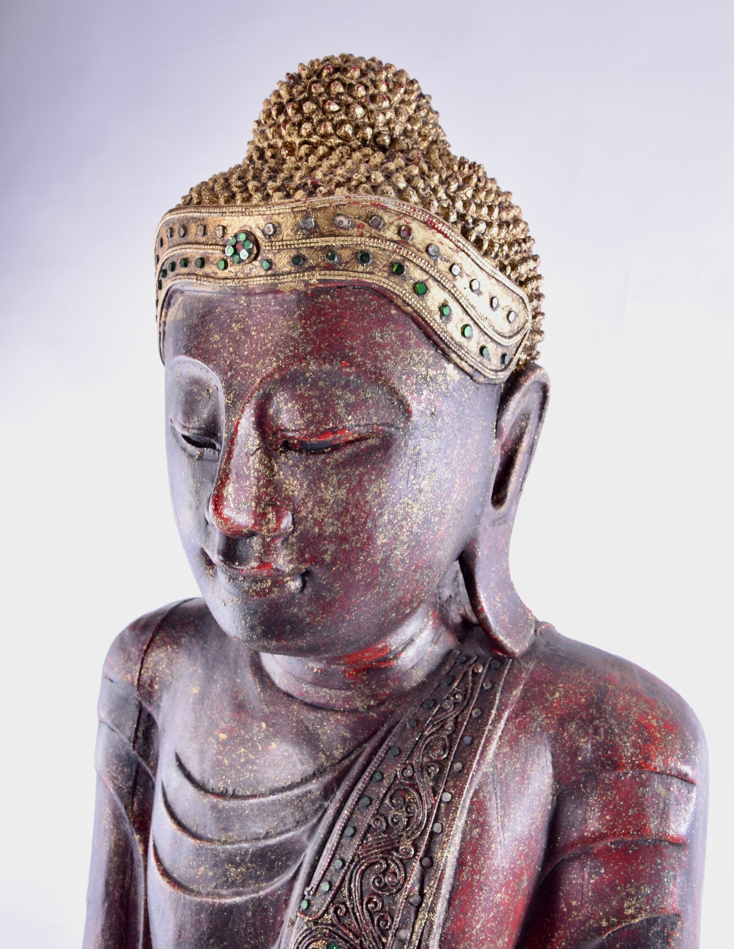 Budda duży bordowo złoty pięknie zdobiony imponujący XX wiek 168x70x30 cm