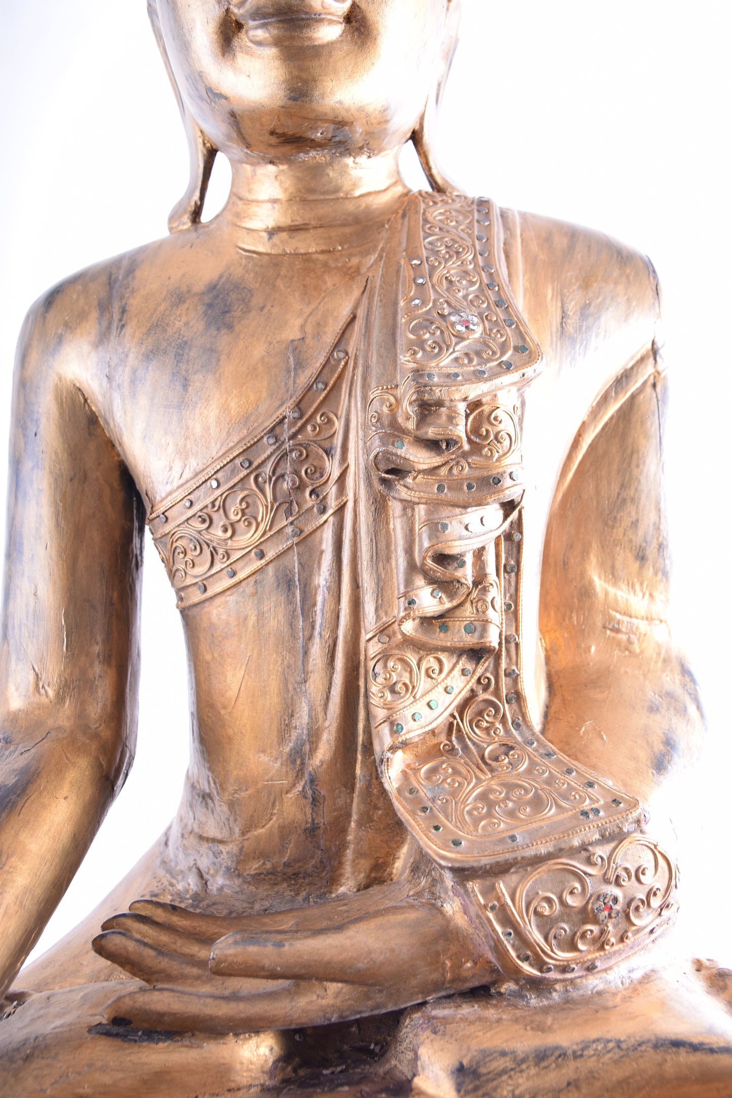 Budda siedzący złoty pięknie zdobiony drewno imponujący XX w 76x63x43 cm