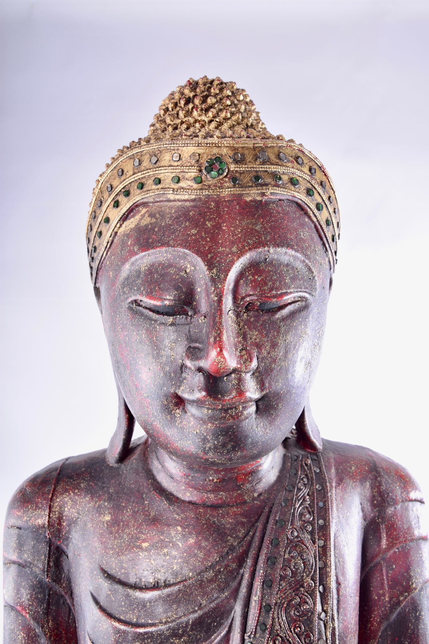 Budda duży bordowo złoty pięknie zdobiony imponujący XX wiek 168x70x30 cm