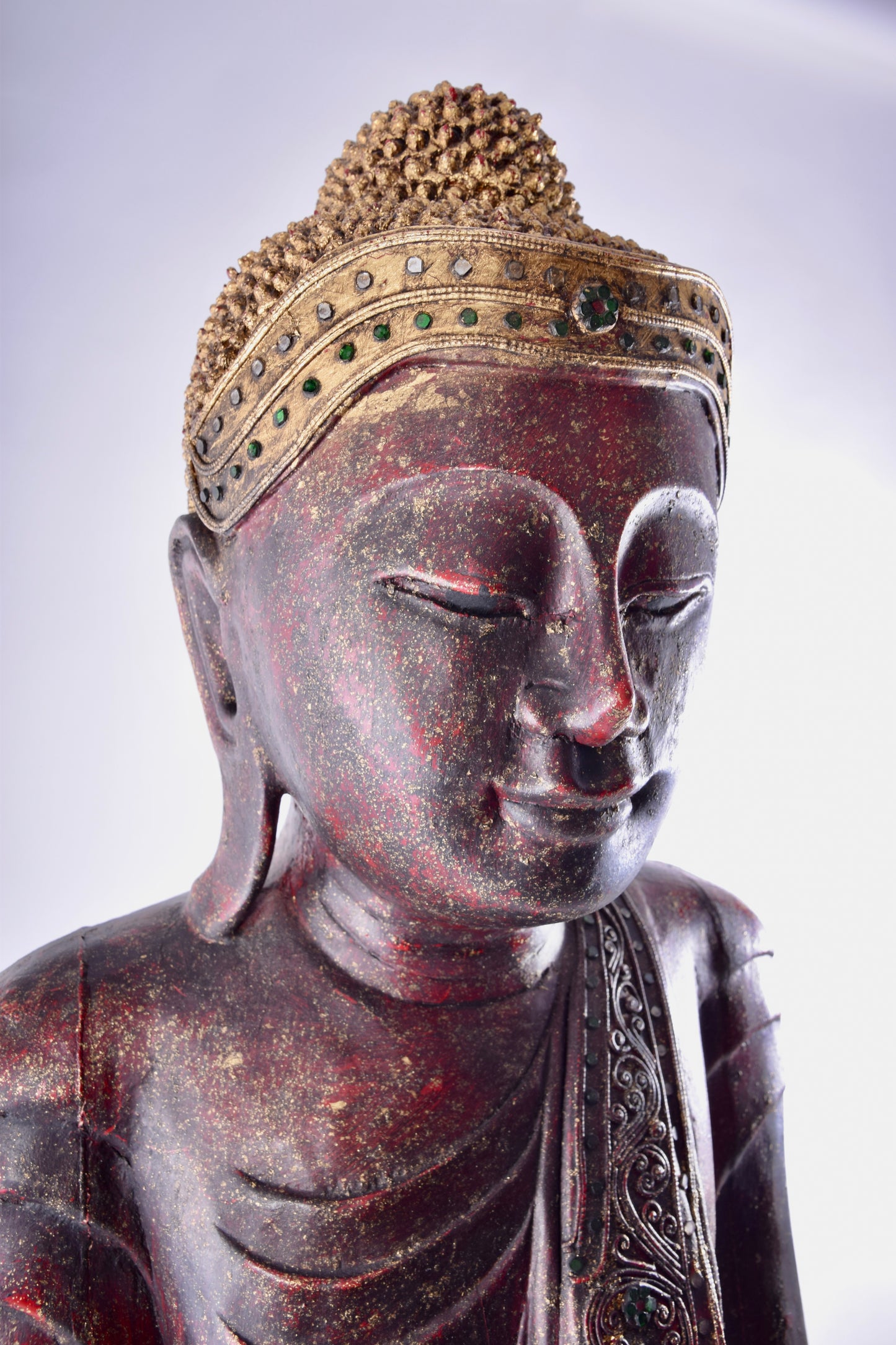 Budda duży bordowo złoty pięknie zdobiony imponujący XX wiek 168x70x30 cm