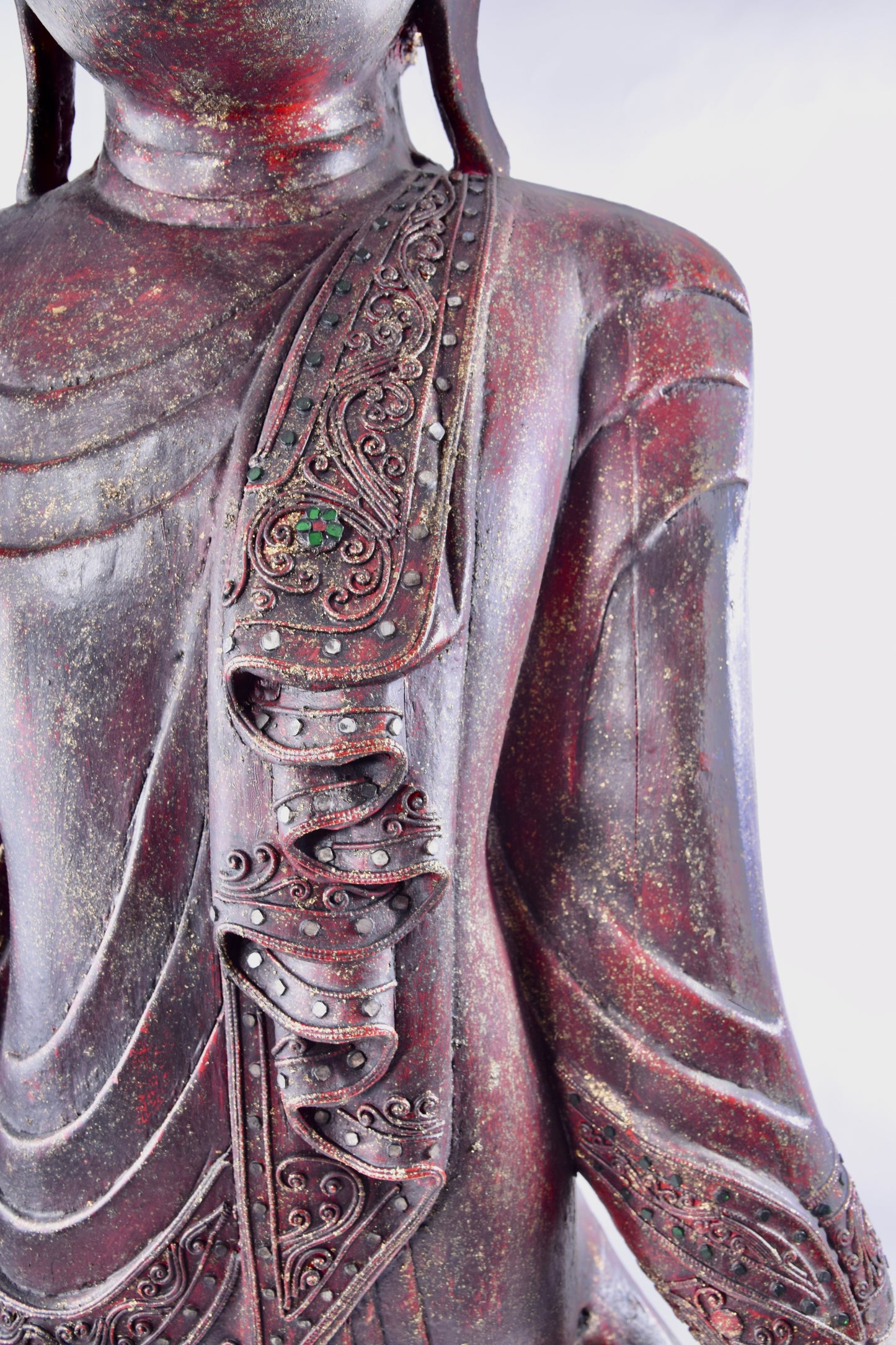 Budda duży bordowo złoty pięknie zdobiony imponujący XX wiek 168x70x30 cm