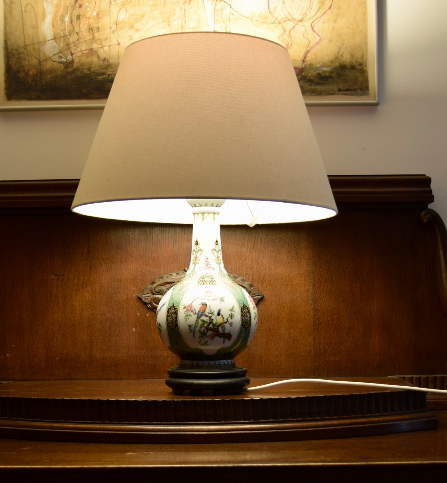 Lampa stołowa z ptakami połowa XX wieku 52x40 cm