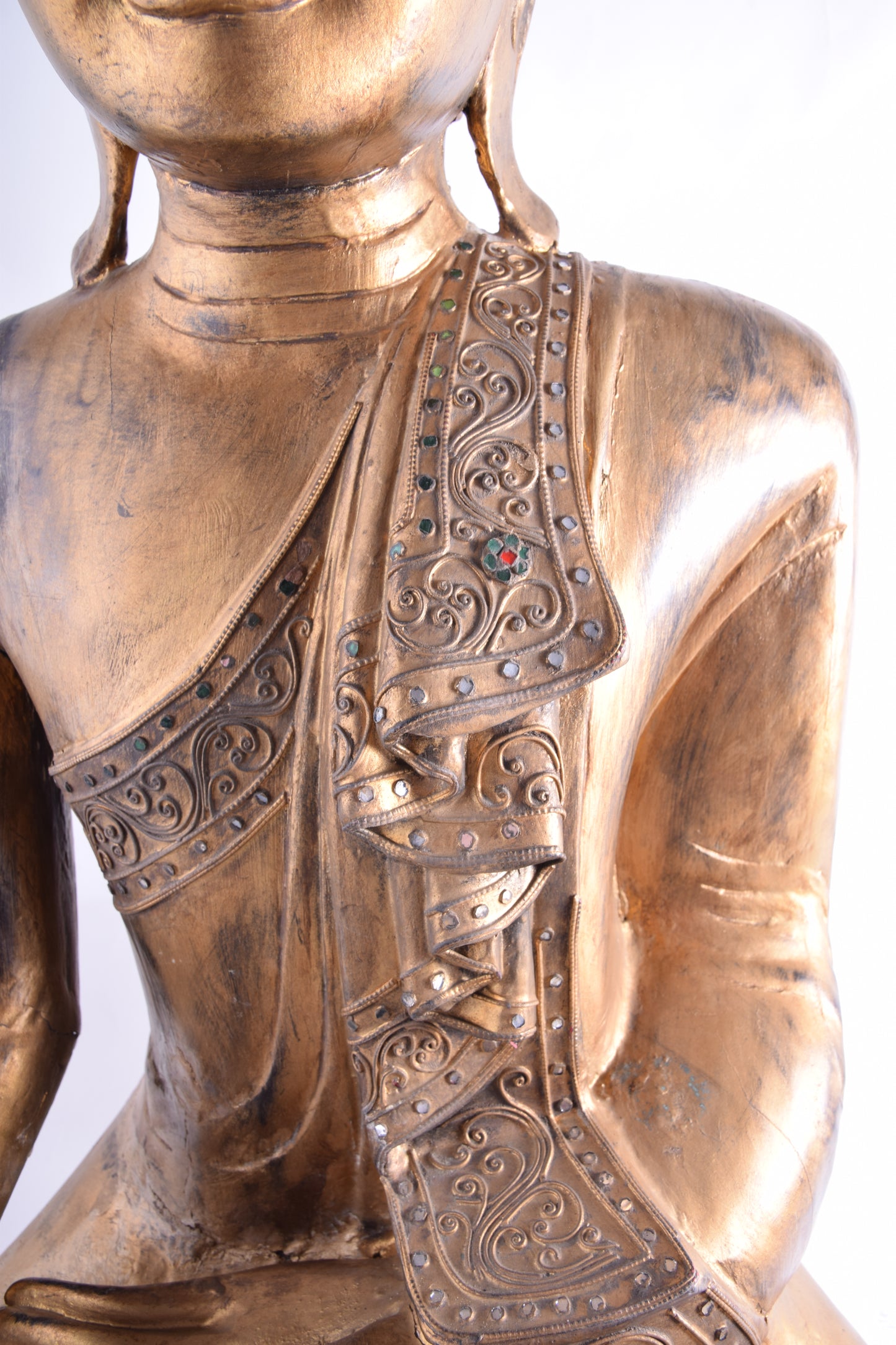 Budda siedzący złoty pięknie zdobiony drewno imponujący XX w 76x66x42 cm