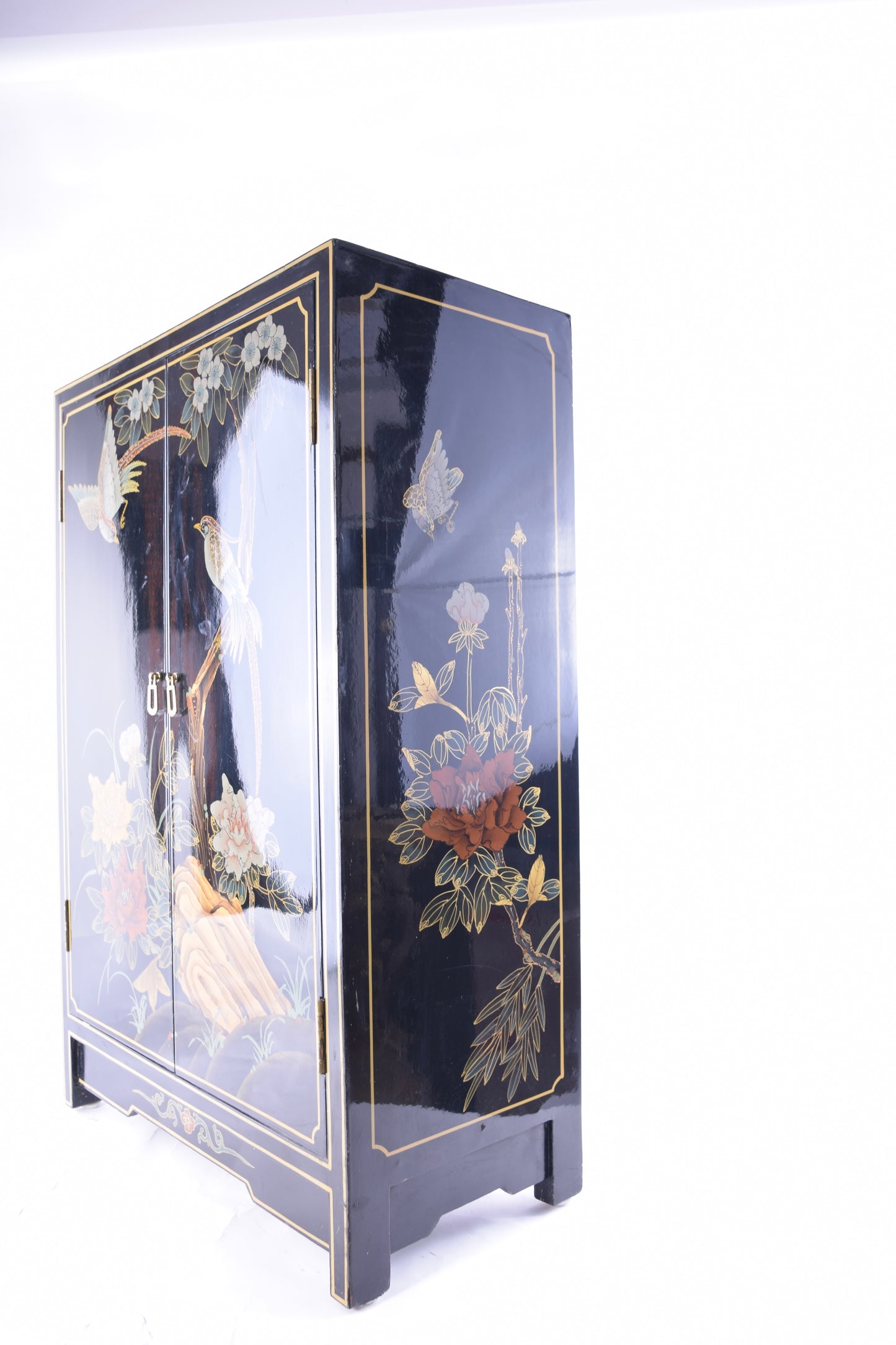 Sztuka Chin komoda malowana w ptaki i kwiaty czarna zgrabna 92x61x30 cm