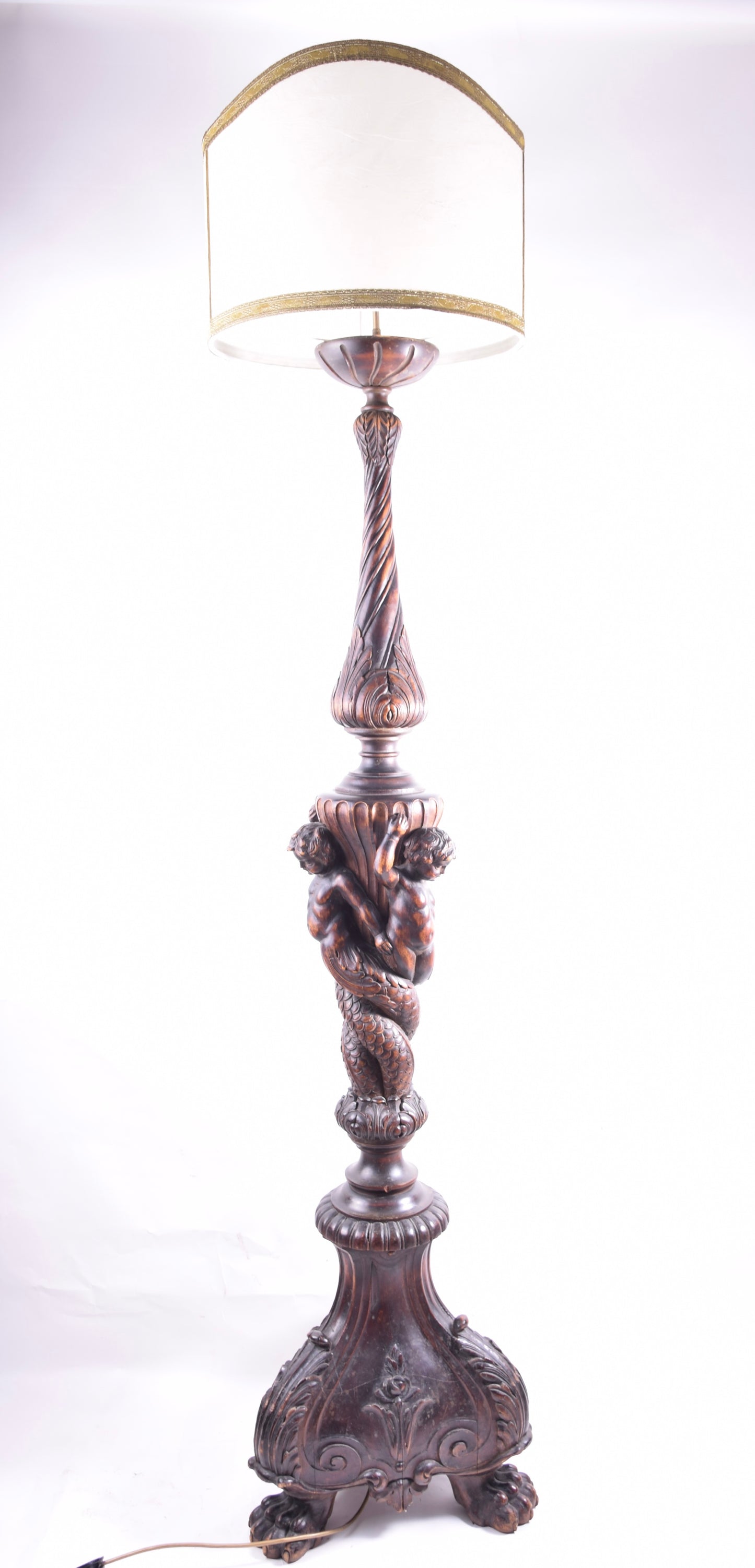 Duża lampa drewniana rzeźbiona z aniołami II połowa XIX wieku 192x45 cm