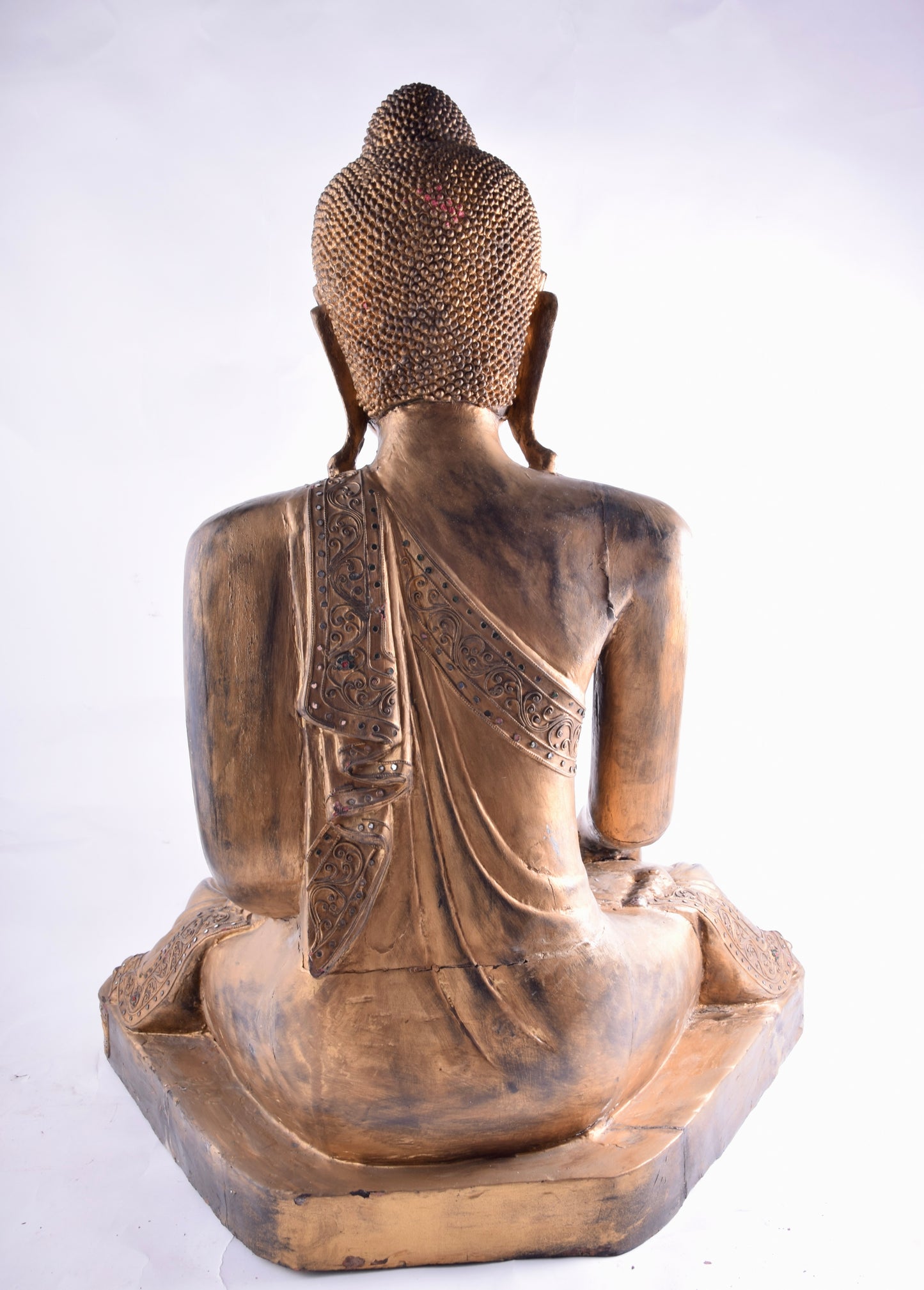 Budda siedzący złoty pięknie zdobiony drewno imponujący XX w 76x66x42 cm