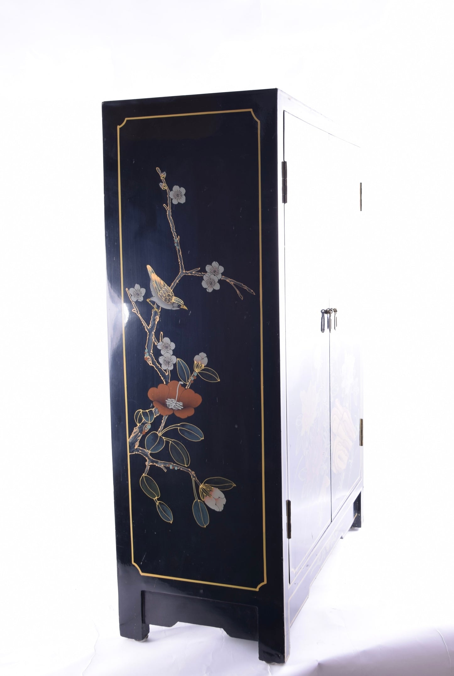 Sztuka Chin komoda malowana w ptaki i kwiaty czarna zgrabna 92x61x30 cm