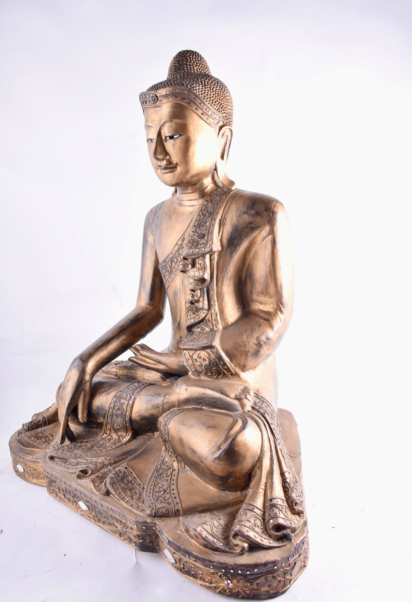 Budda siedzący złoty pięknie zdobiony drewno imponujący XX w 76x66x42 cm