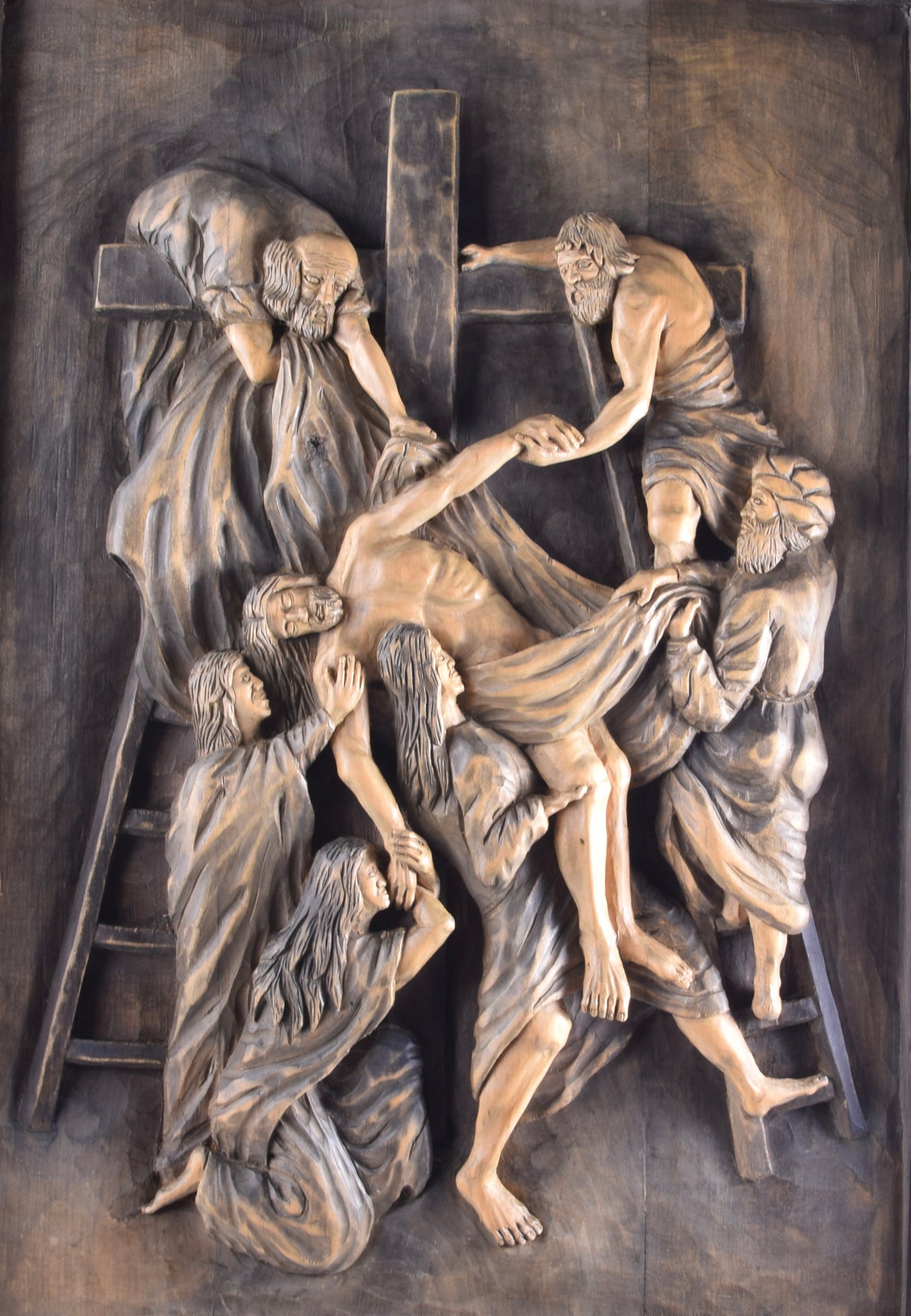 Zdjęcie z krzyża duża płaskorzeźba drewno XX wiek 95x68 cm