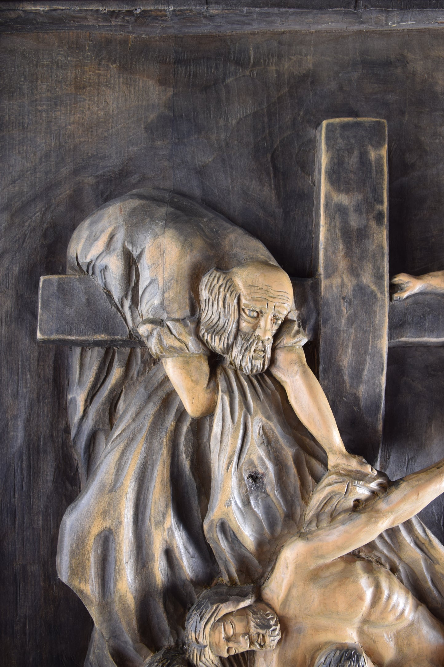 Zdjęcie z krzyża duża płaskorzeźba drewno XX wiek 95x68 cm
