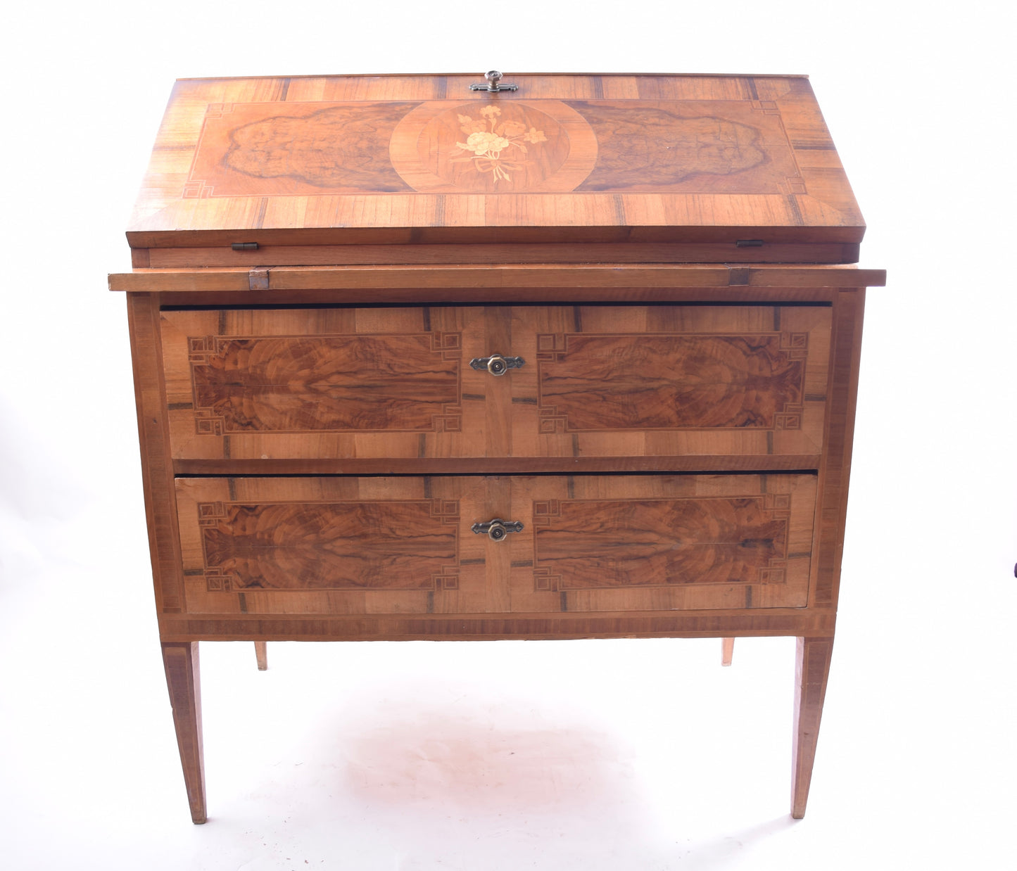 Piękny sekretarzyk z 2 dużymi szufladami orzech XX wiek 88x98x55 cm