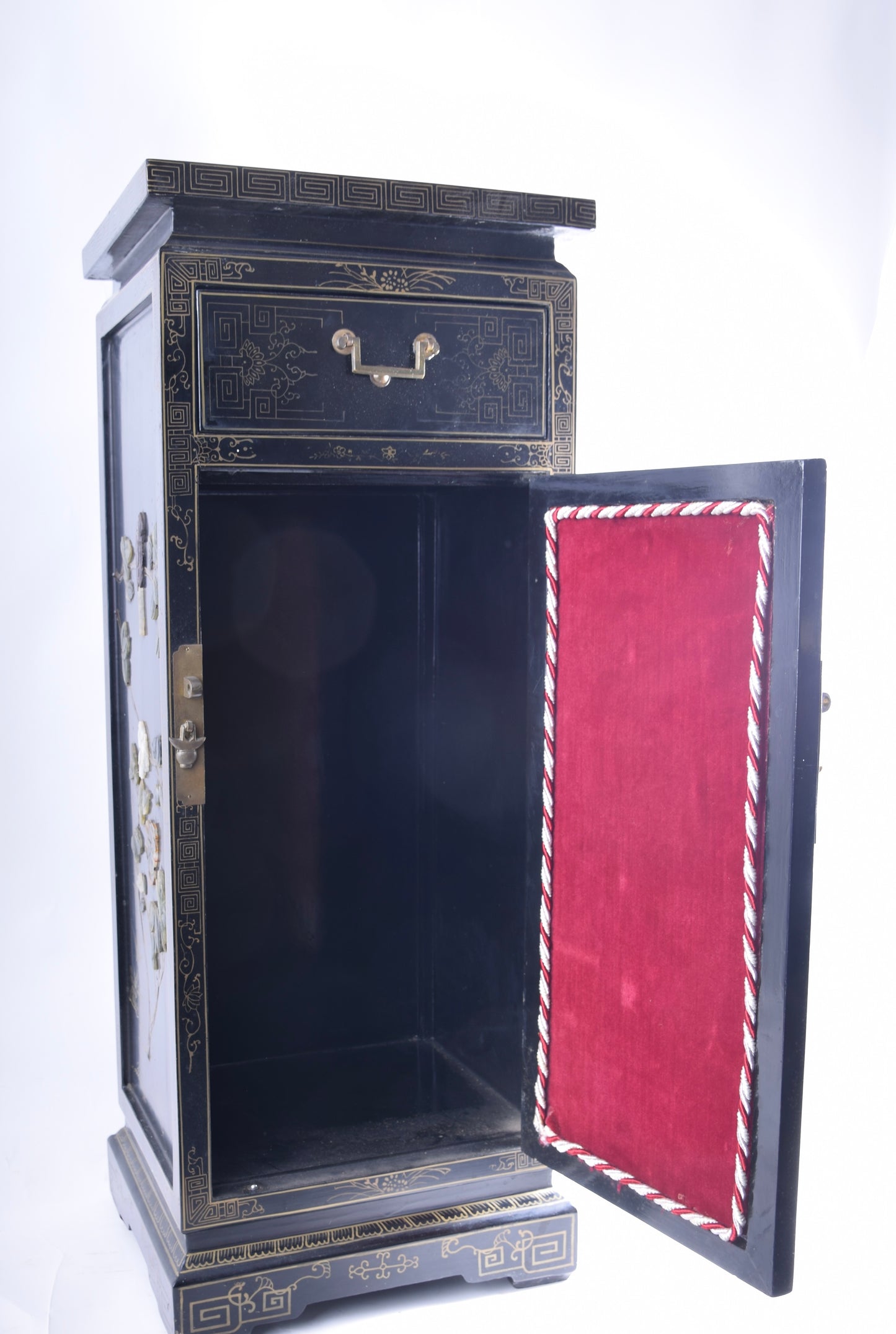 Sztuka Chin komoda słupek z ptakami i kwiatami czarna zgrabna 87x34x29 cm