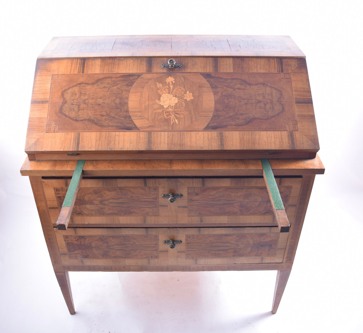 Piękny sekretarzyk z 2 dużymi szufladami orzech XX wiek 88x98x55 cm
