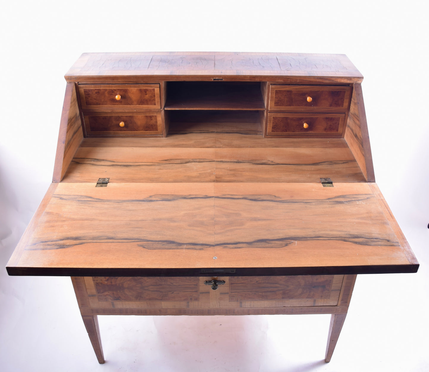 Piękny sekretarzyk z 2 dużymi szufladami orzech XX wiek 88x98x55 cm