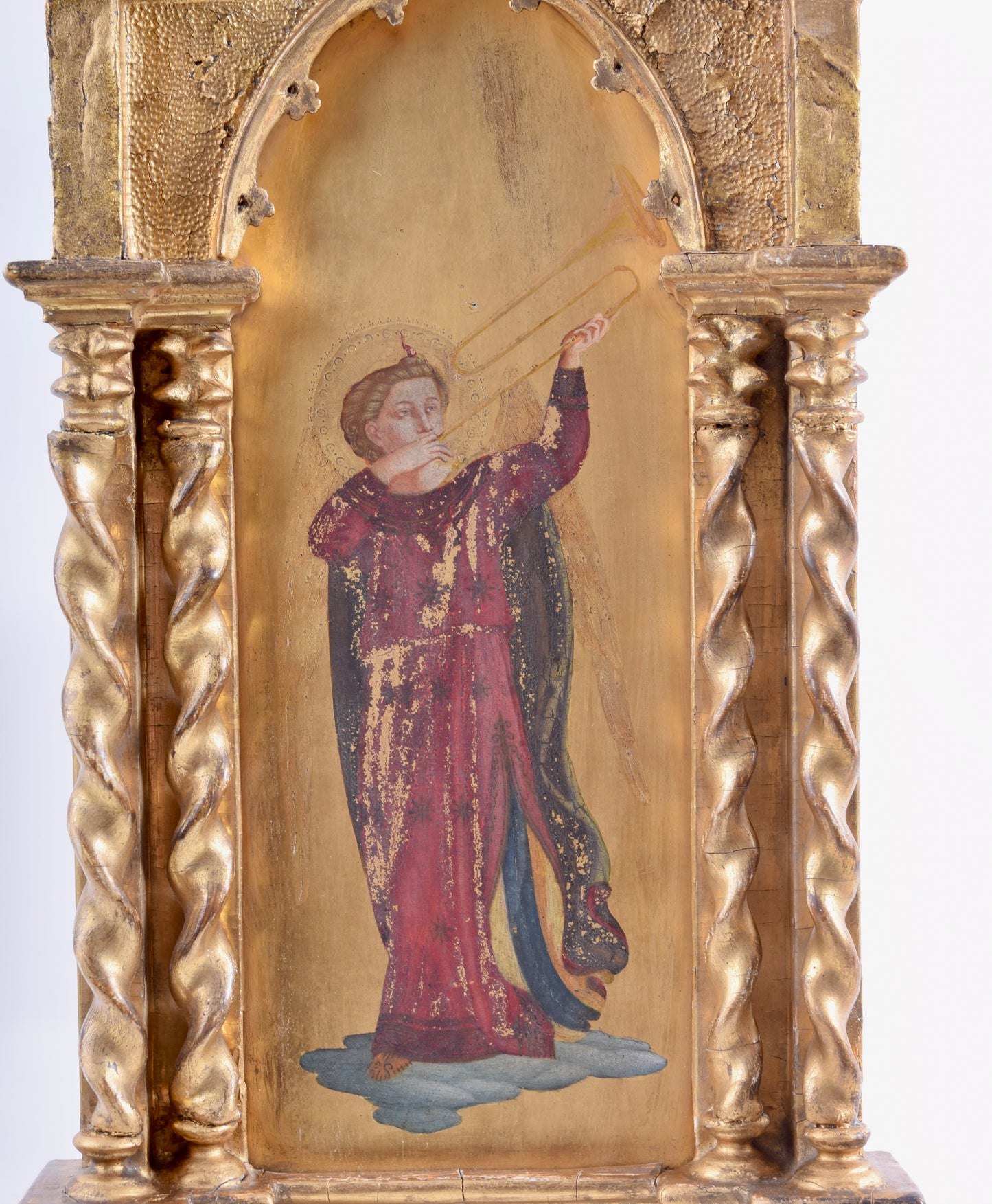 Anioł grający w złotej neogotyckiej ramce – oryginał z ok. 1900 r. 58x20 cm