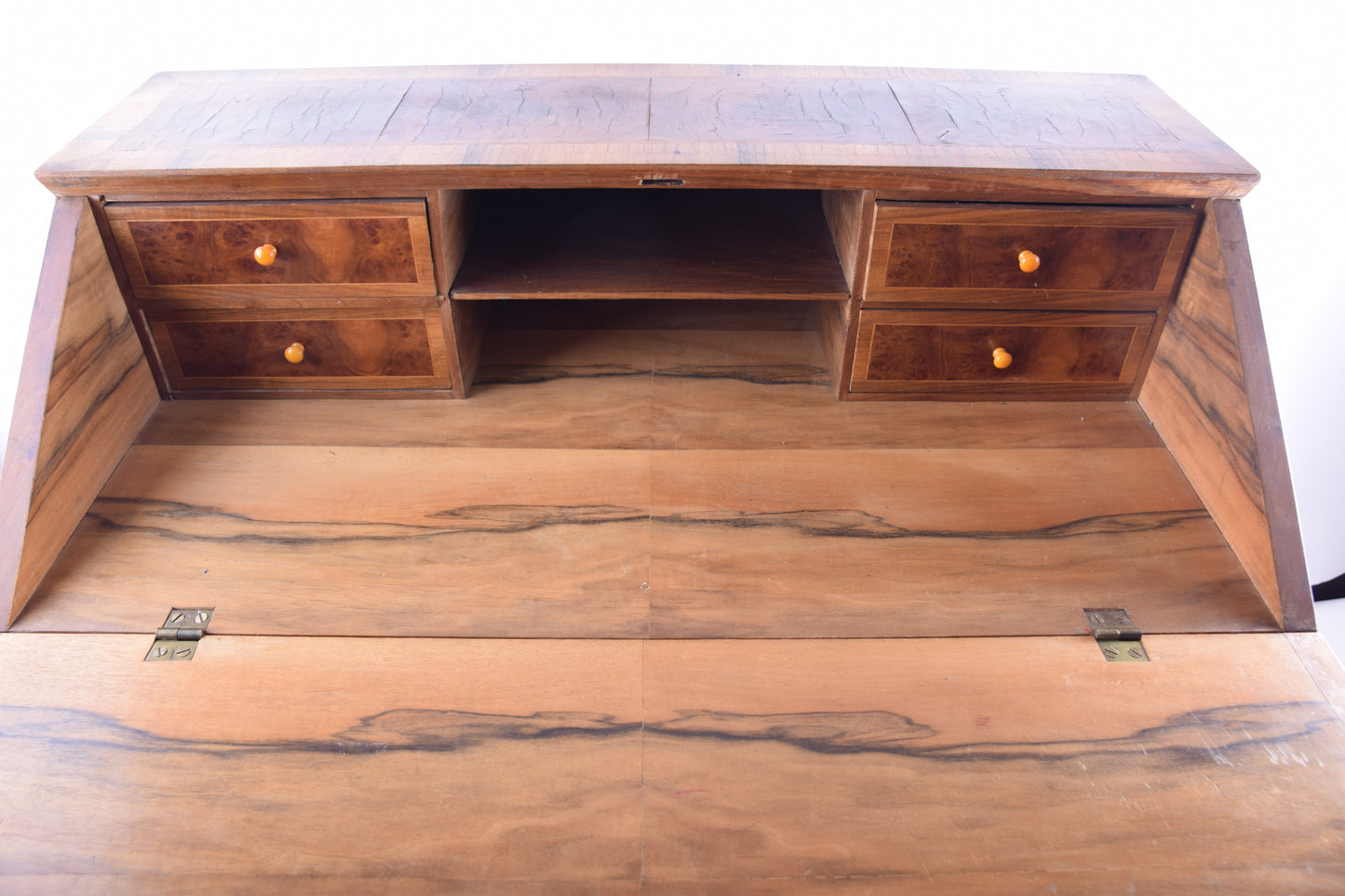 Piękny sekretarzyk z 2 dużymi szufladami orzech XX wiek 88x98x55 cm