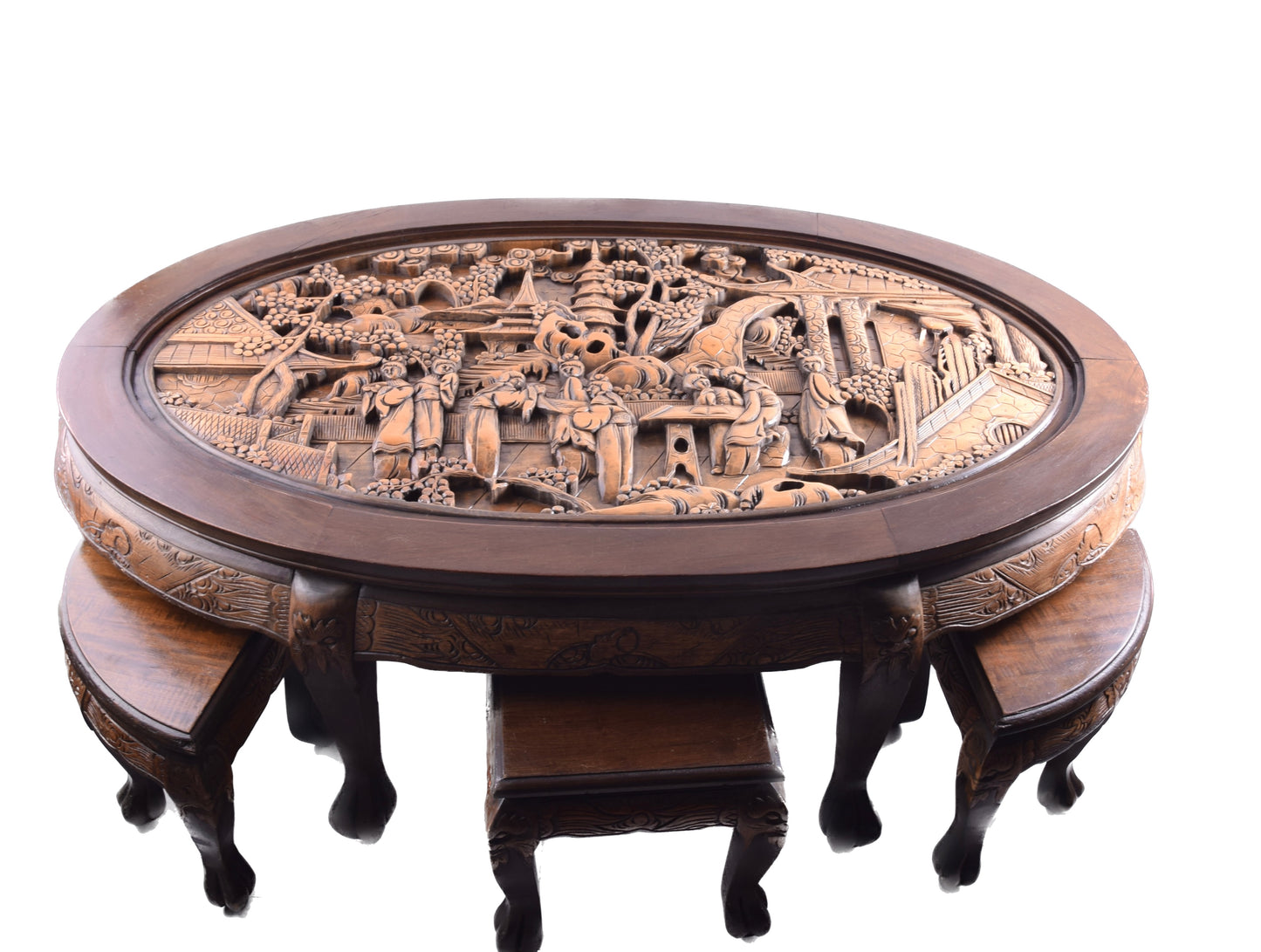 Rzeźbiony stół orientalny z szybą + 6 wsuwanych taboretów 130x80x48 cm