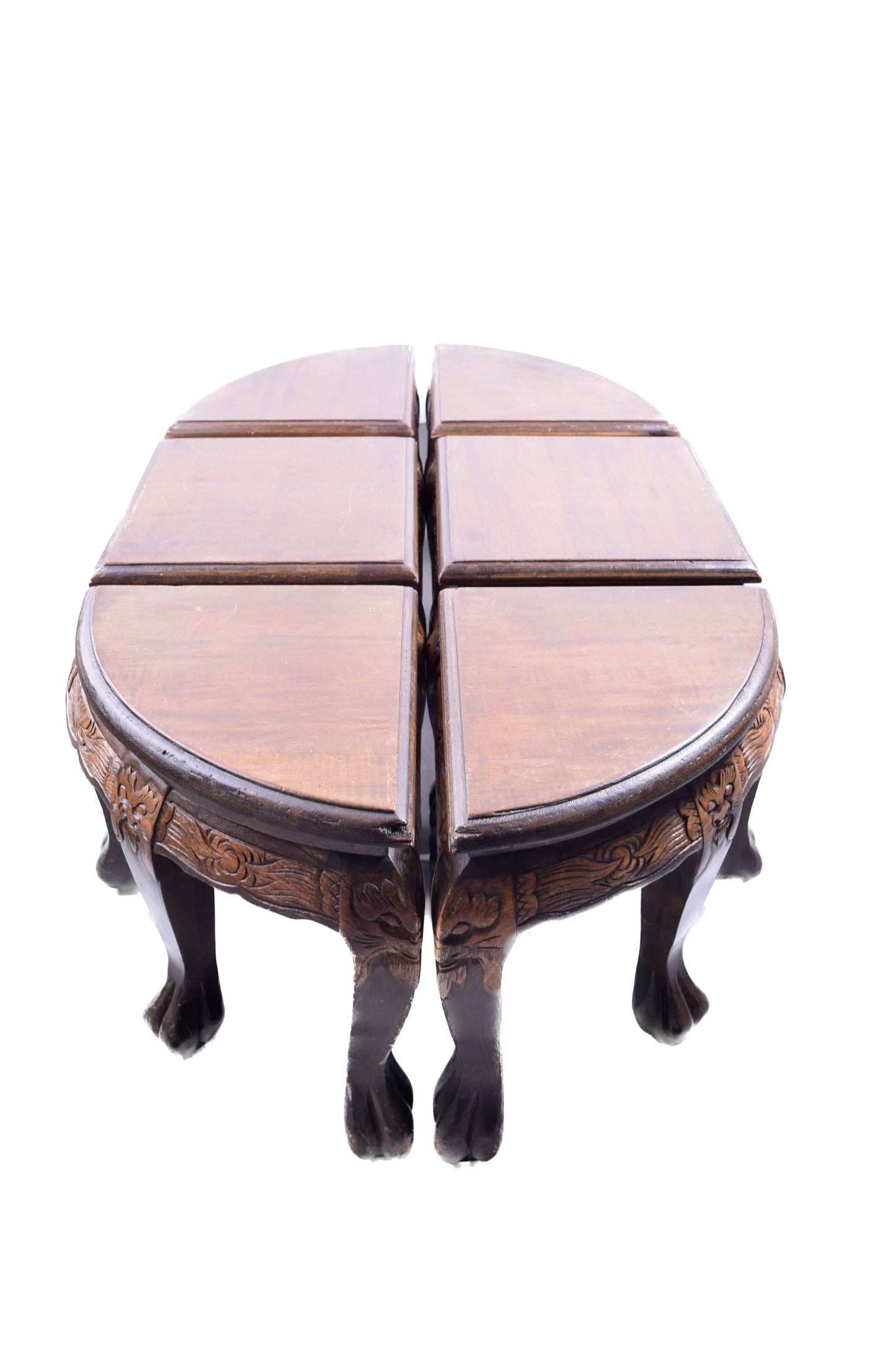 Rzeźbiony stół orientalny z szybą + 6 wsuwanych taboretów 130x80x48 cm