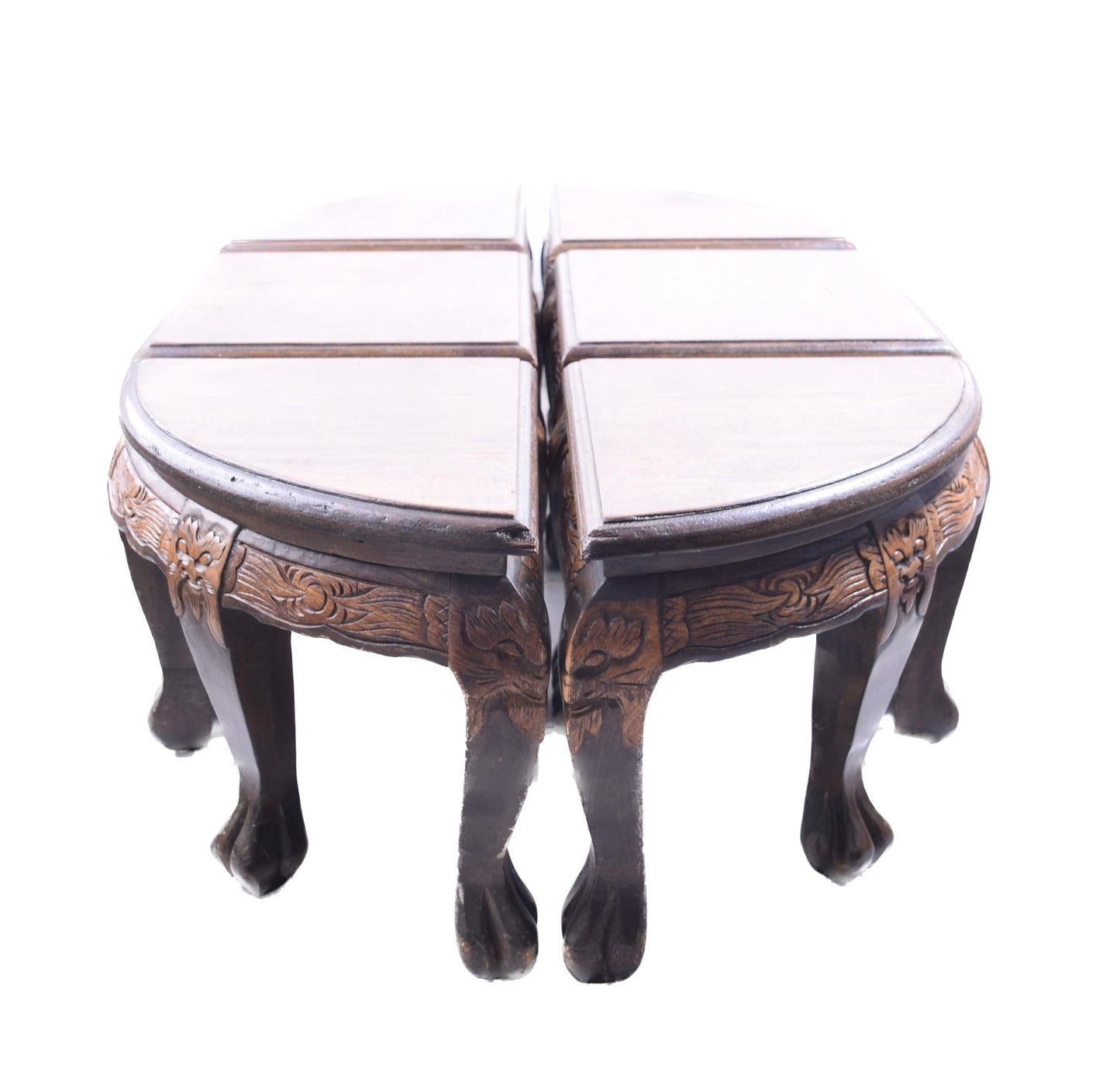 Rzeźbiony stół orientalny z szybą + 6 wsuwanych taboretów 130x80x48 cm