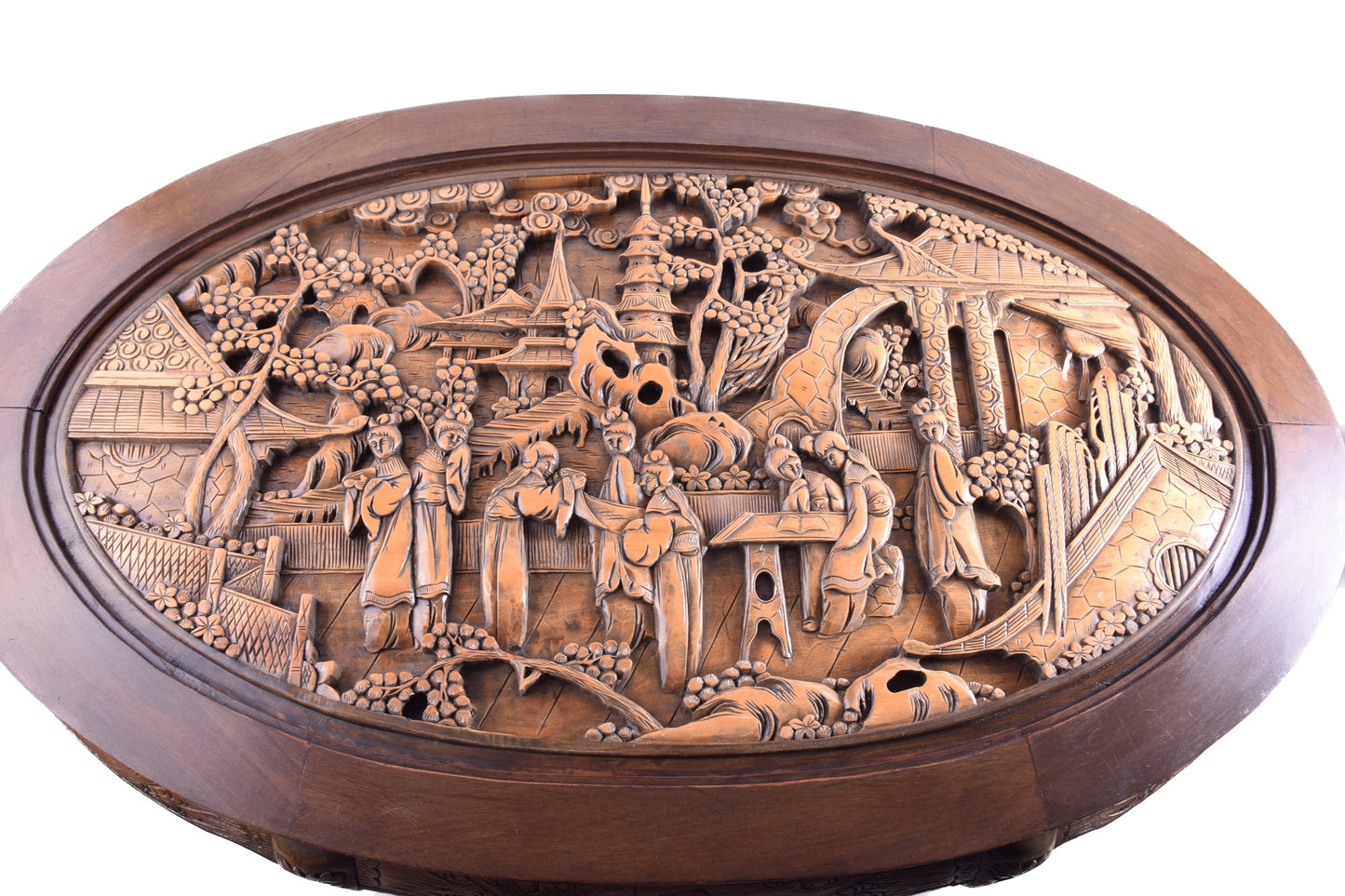 Rzeźbiony stół orientalny z szybą + 6 wsuwanych taboretów 130x80x48 cm