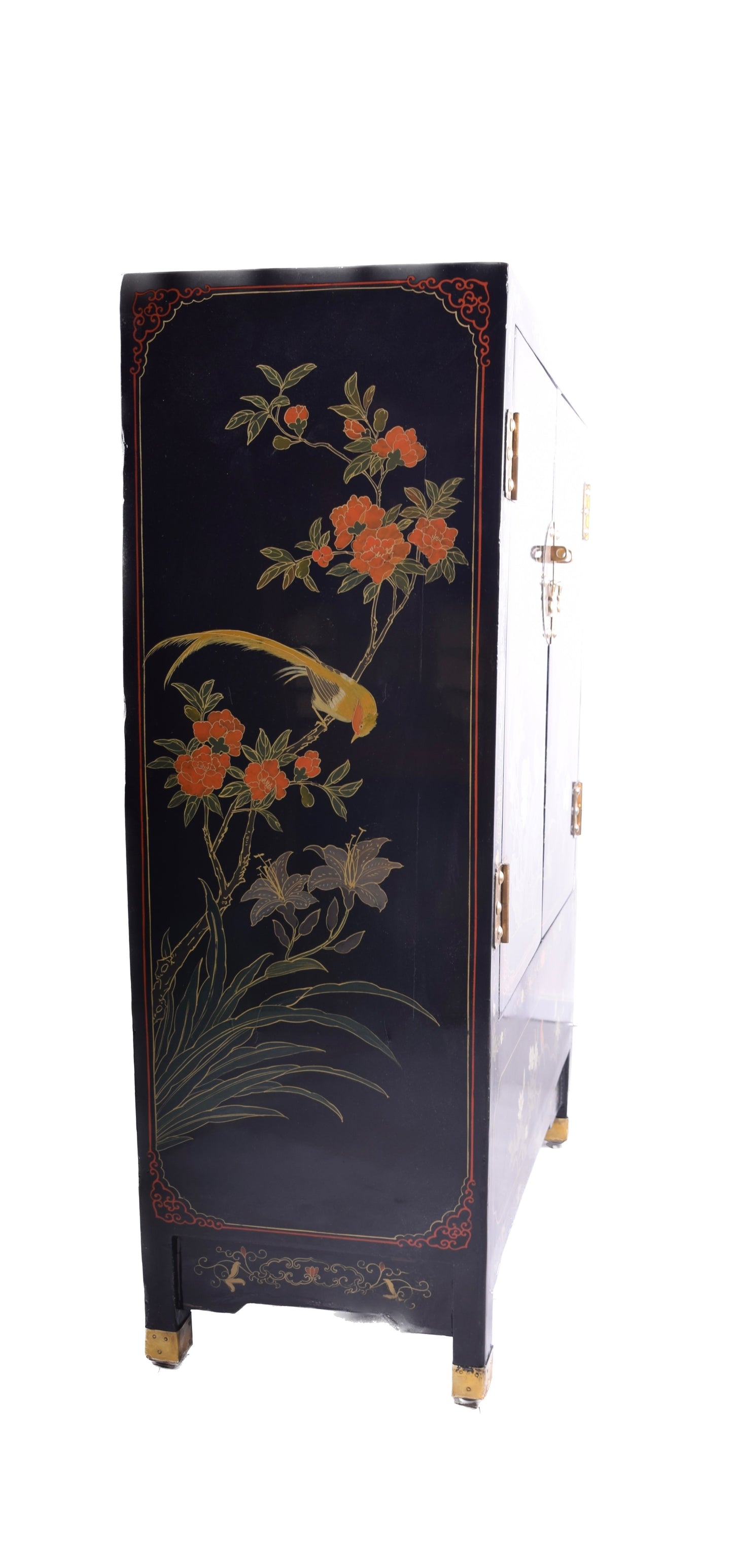 Malowana chińska zgrabna komoda w kwiaty i ptaki XX wiek 93x61x31cm