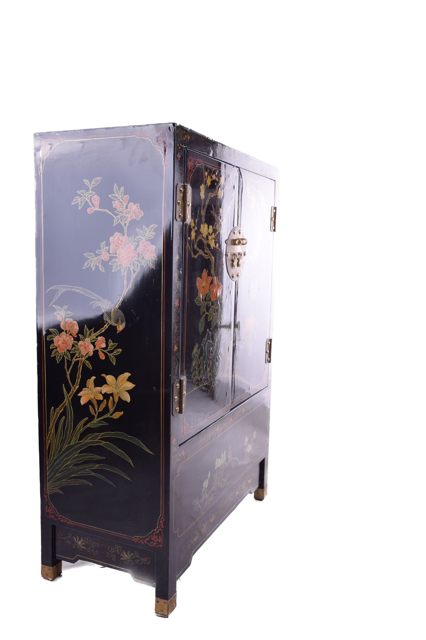 Malowana chińska zgrabna komoda w kwiaty i ptaki XX wiek 93x61x31cm