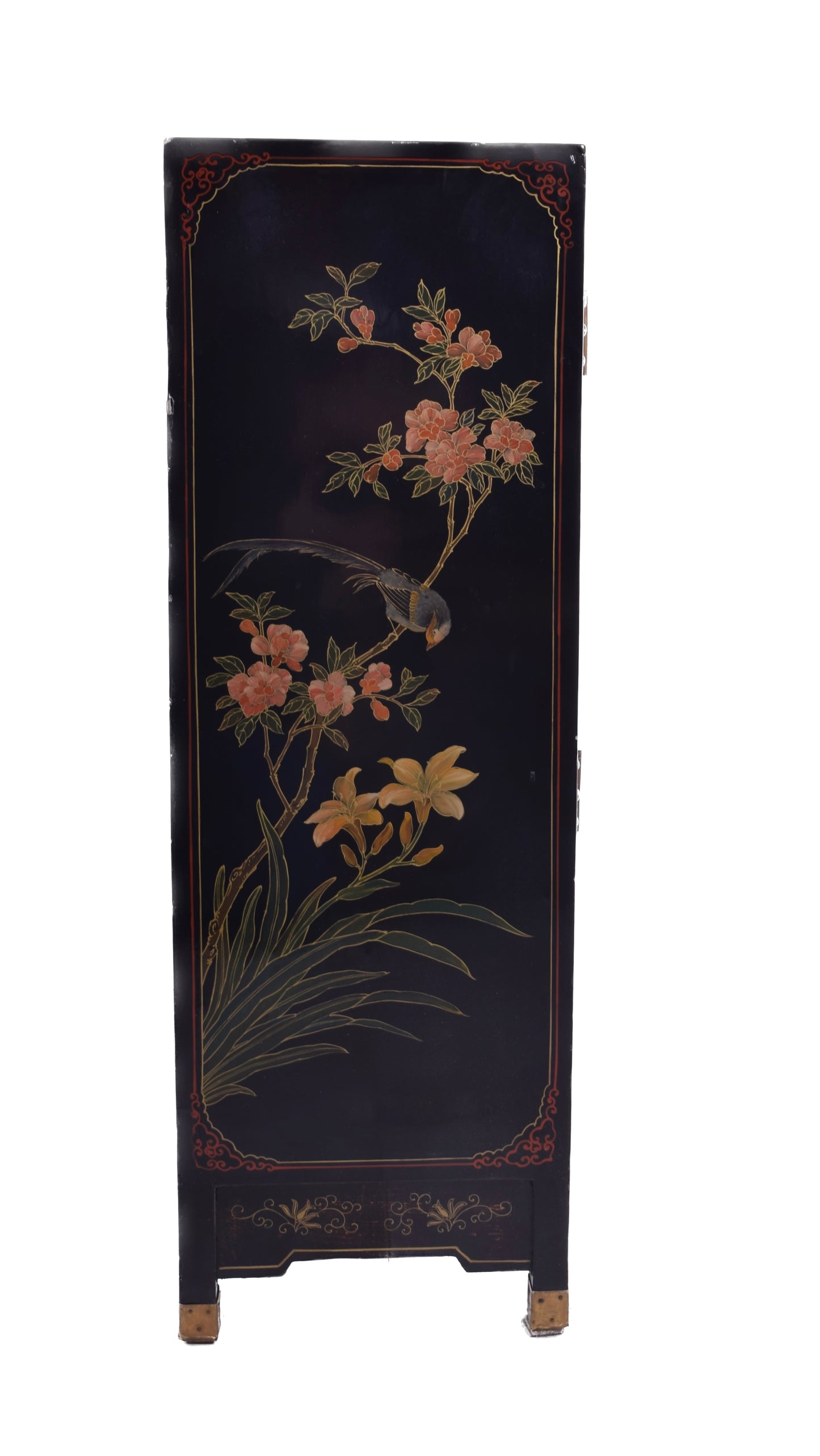 Malowana chińska zgrabna komoda w kwiaty i ptaki XX wiek 93x61x31cm