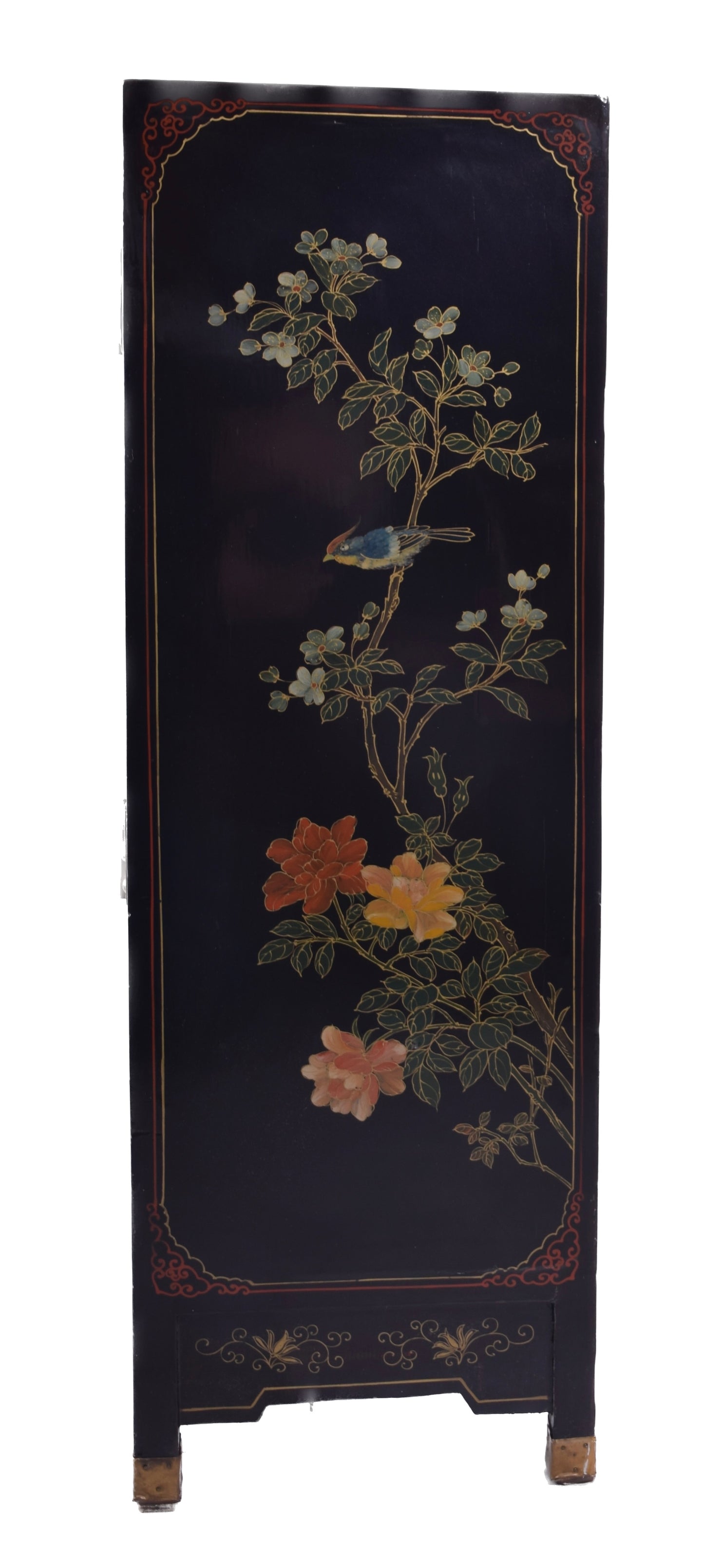 Malowana chińska zgrabna komoda w kwiaty i ptaki XX wiek 93x61x31cm