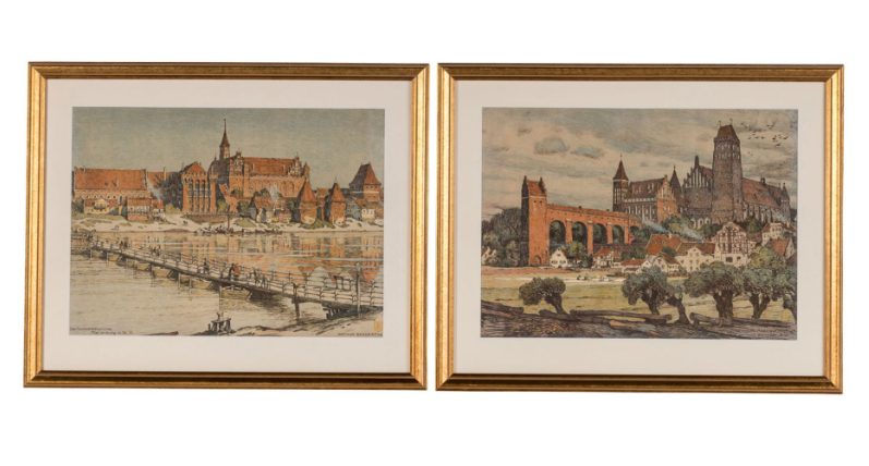 Artur Bendrat Dwa widoki zamku w Malborku 1906 r 40x30cm ( 52x42) cm