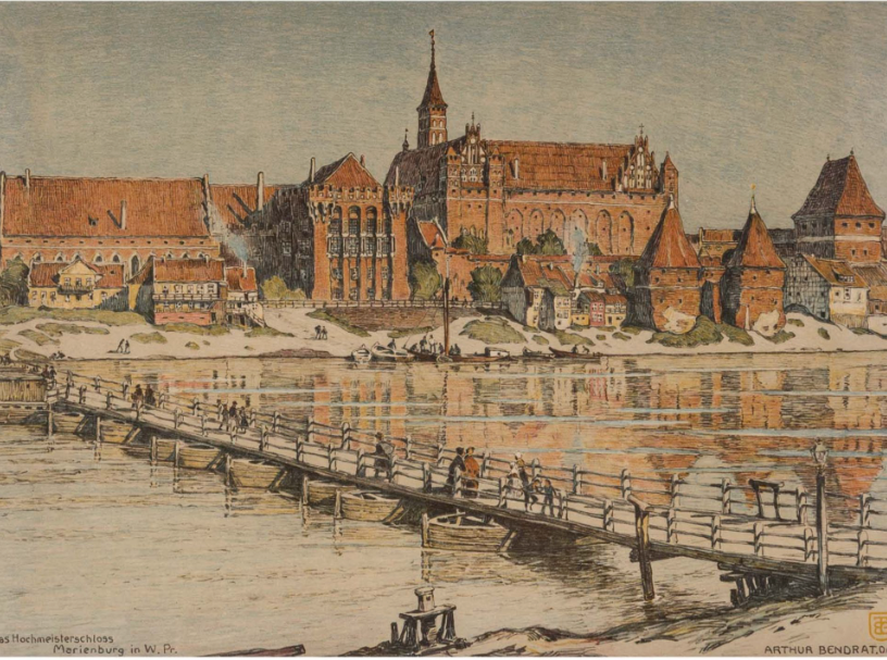 Artur Bendrat Dwa widoki zamku w Malborku 1906 r 40x30cm ( 52x42) cm