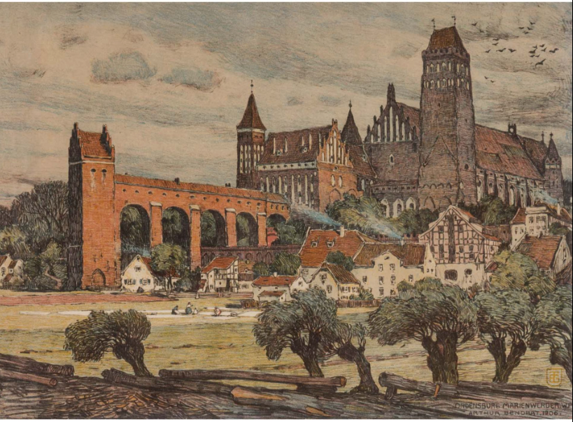 Artur Bendrat Dwa widoki zamku w Malborku 1906 r 40x30cm ( 52x42) cm