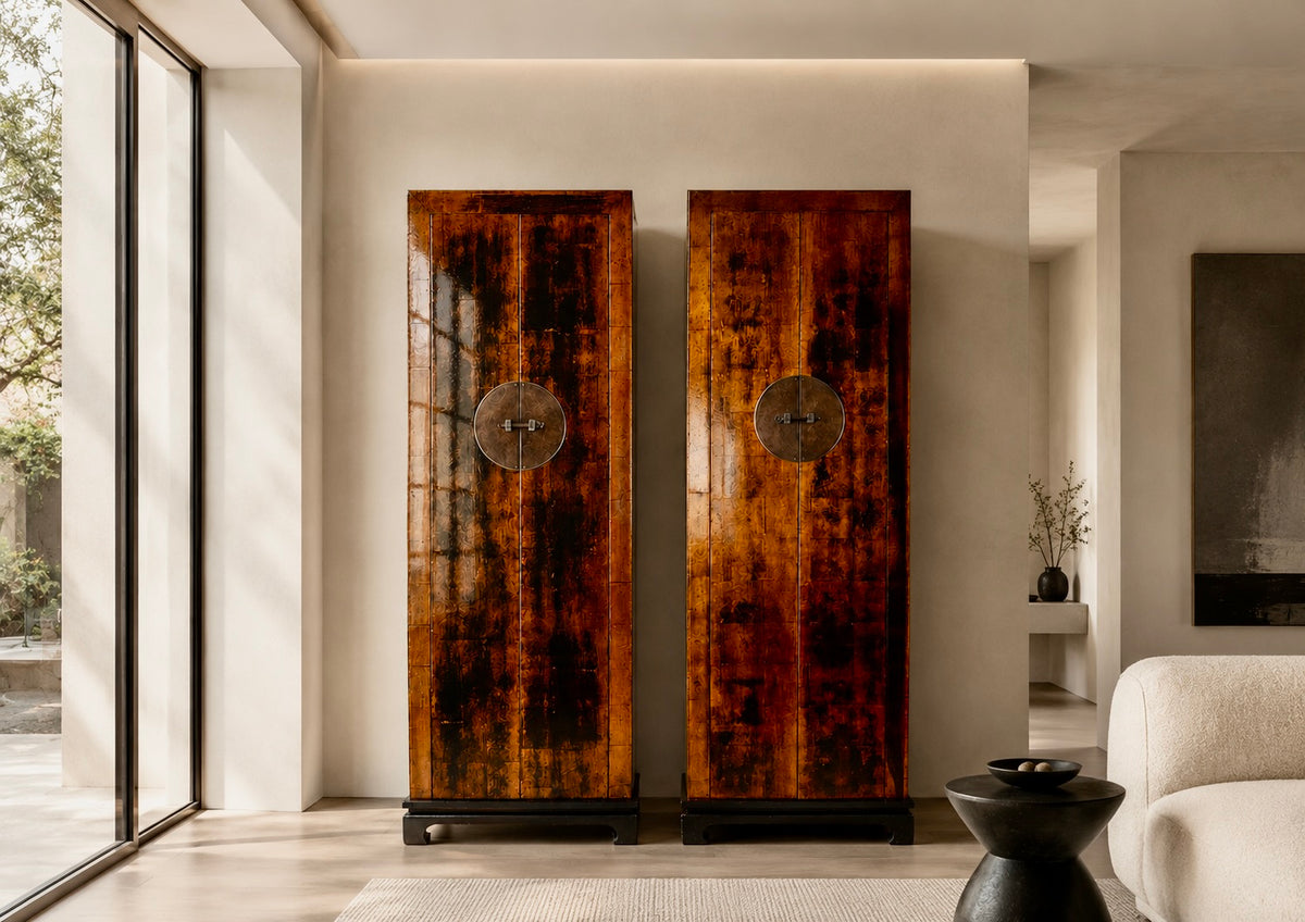 Ekskluzywna szafa z półkami złoto brązowa XX/XXIw styl Qing, 204x60x45 cm