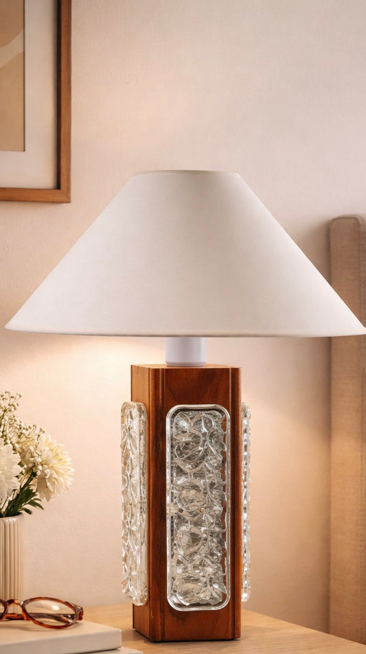 Skandynawska lampa stołowa teak & szkło strukturalne lata 60/70 48x35 cm