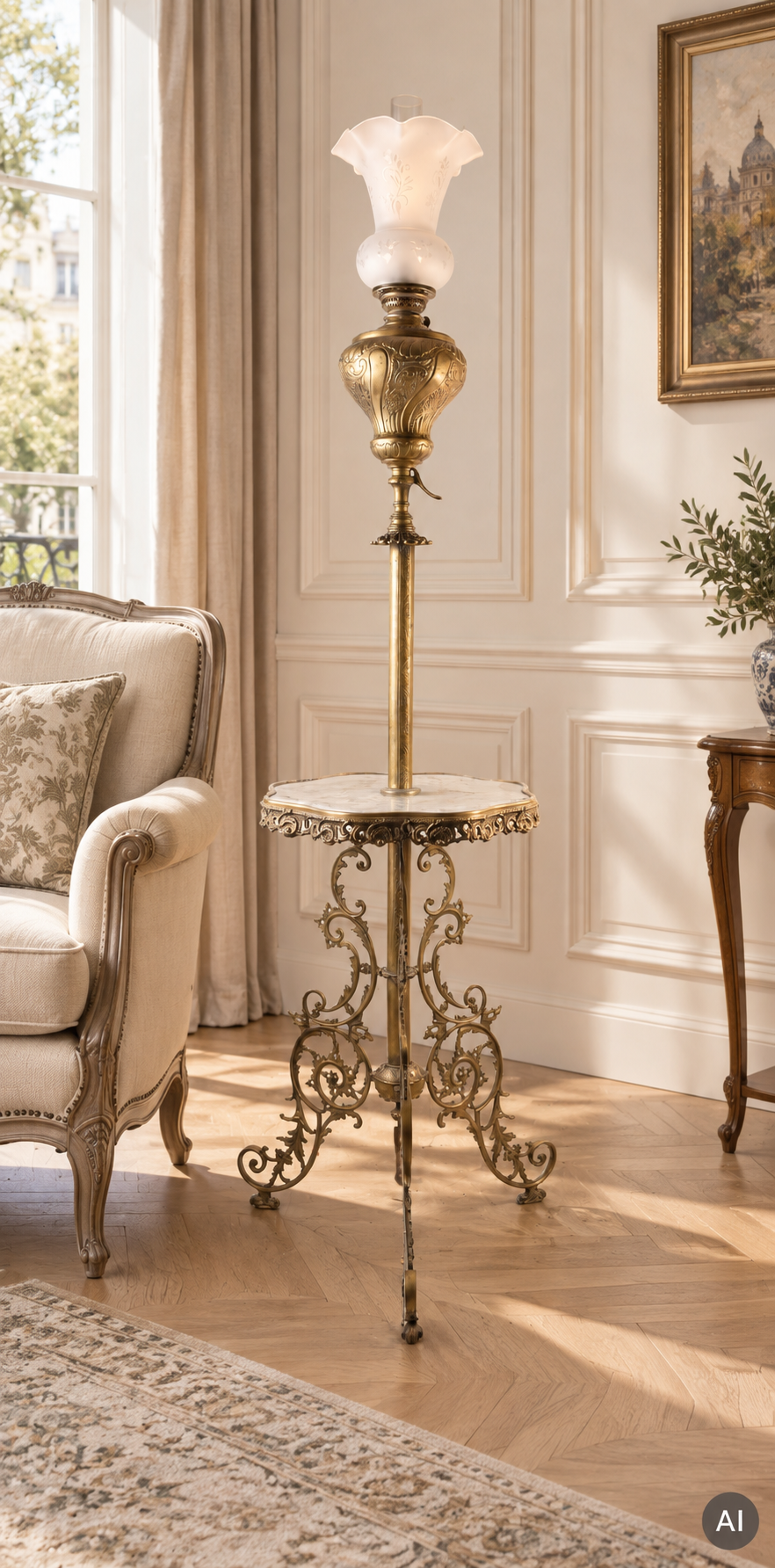 Lampa Naftowa Podłogowa ze Stolikiem z Zielonego Onyksu XIX/XX 165 cm