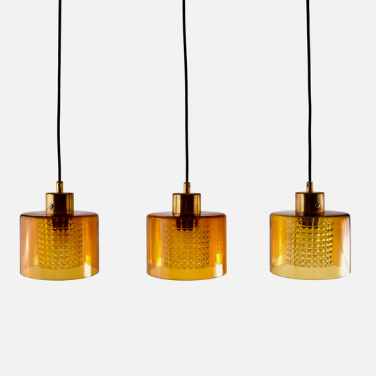 Lampa wisząca kpl 3 szt szkło miodowe kryształowy wkład lata 60/70 15x18 cm