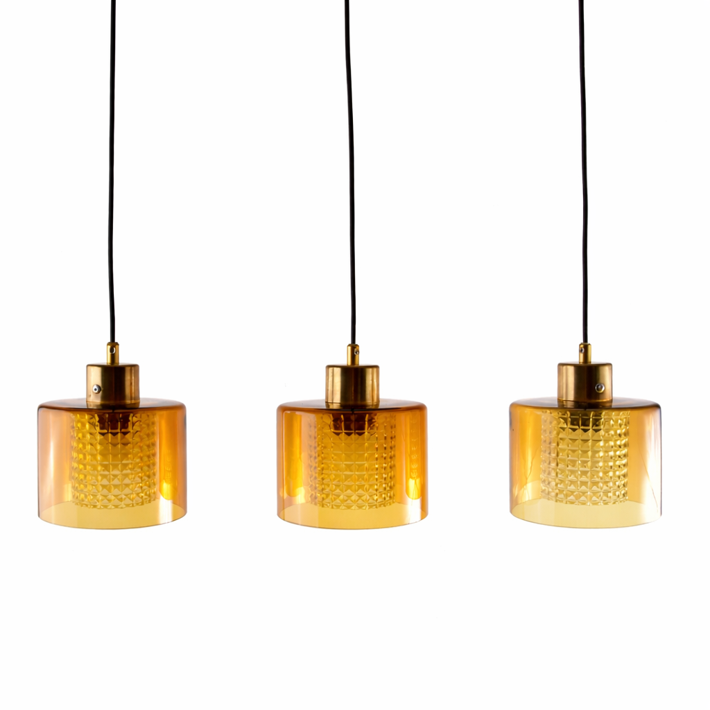 Lampa wisząca kpl 3 szt szkło miodowe kryształowy wkład lata 60/70 15x18 cm