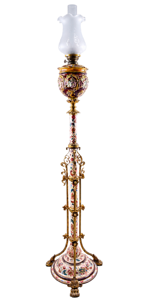 Lampa Naftowa Podłogowa majolika ceramika i mosiądz XIX/XXw 168 cm
