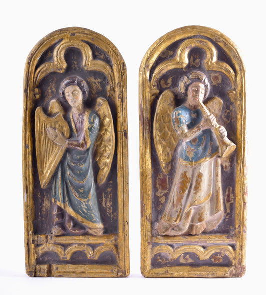 Dwa anioły barokowe XVIII wiek płaskorzeźba 44x18 cm komplet