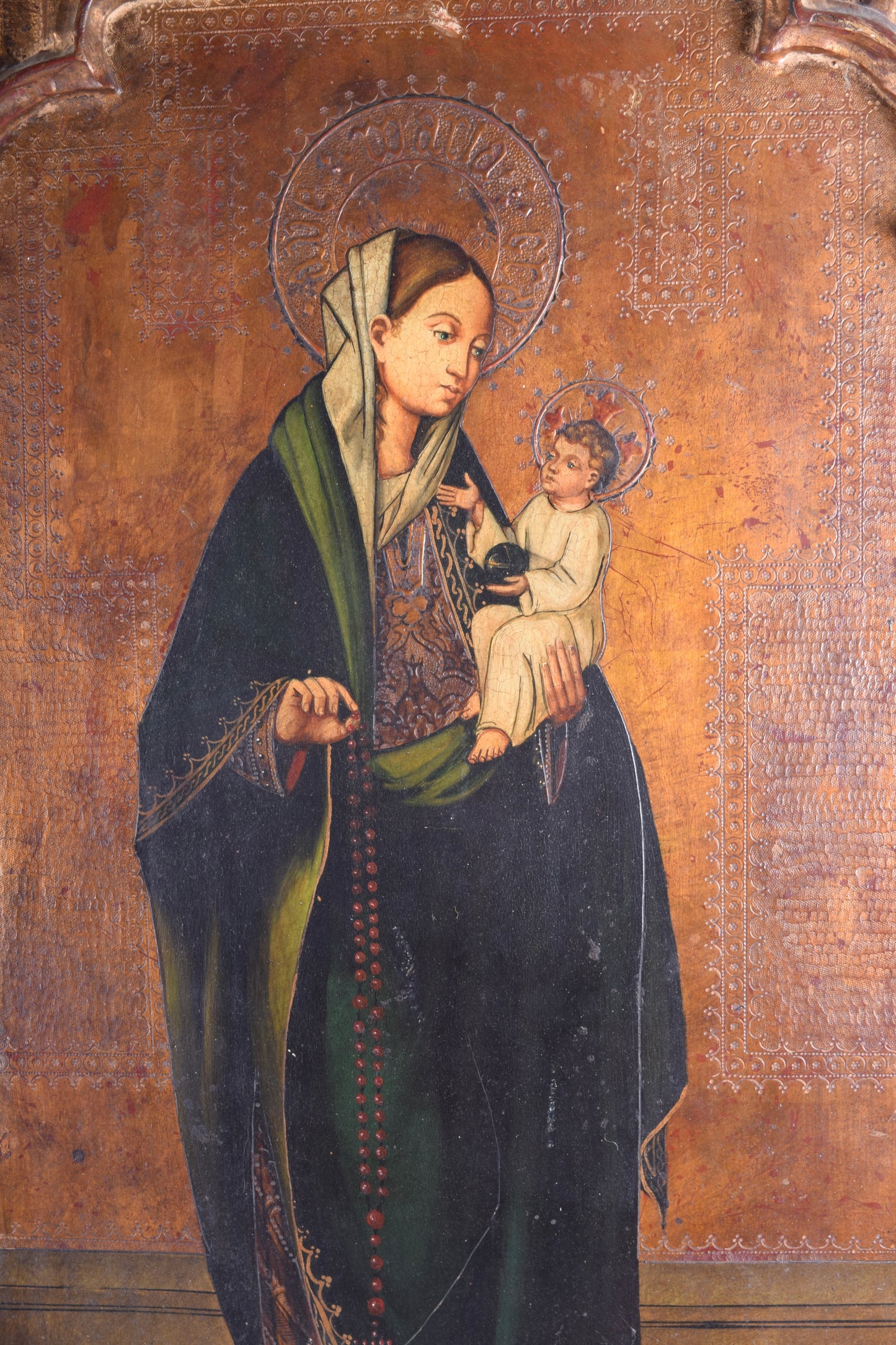 Matka Boża Różańcowa z Dzieciątkiem Tempera na desce XX w 82x42 cm