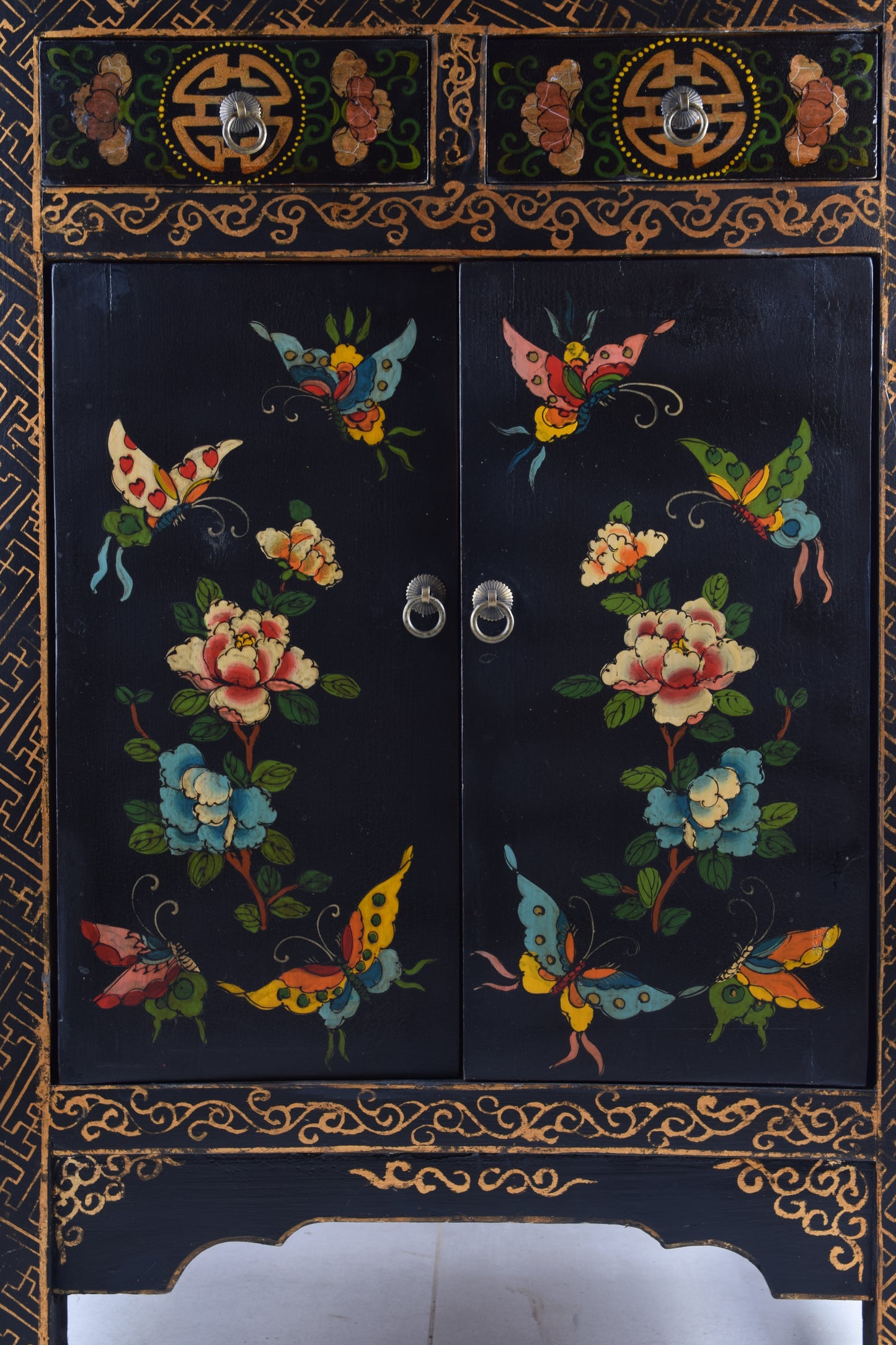 Chińska Komoda w motyle i kwiaty i znaki Shou na szufladkach 85x57x38cm