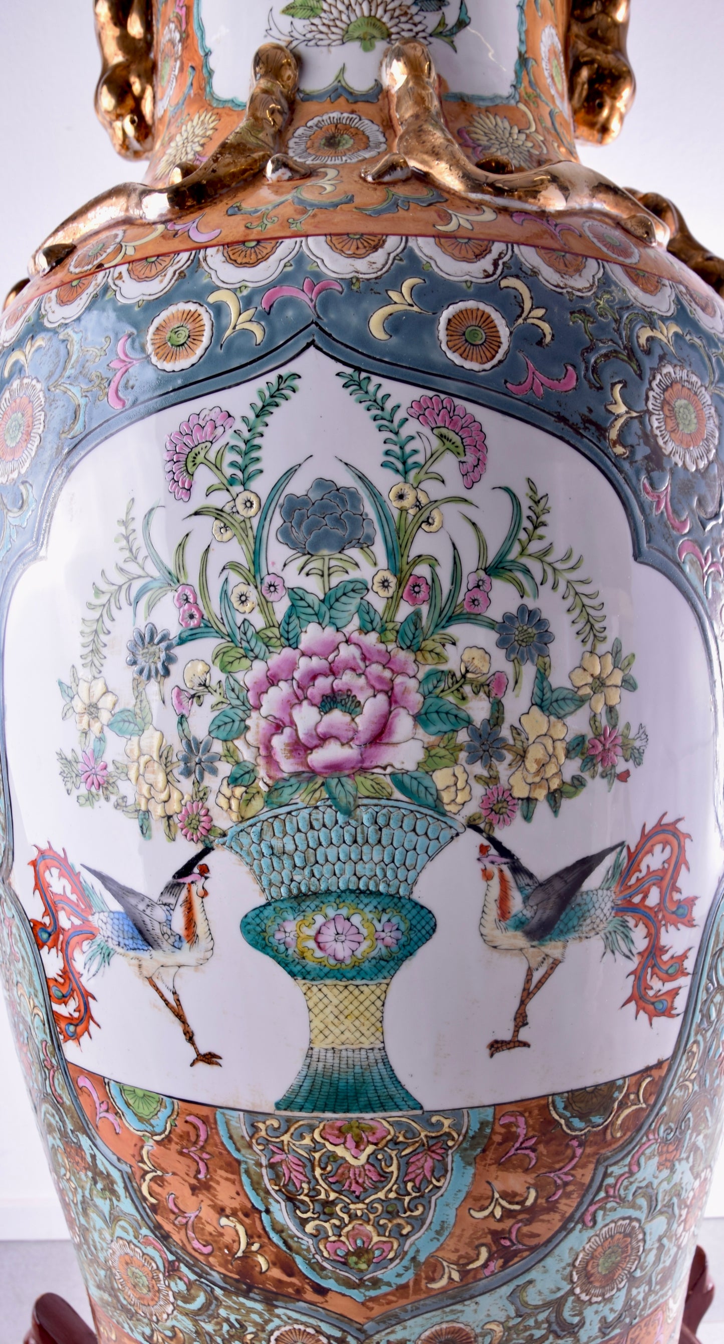 Sztuka Chin duży wazon z ptakami kwiatami na podstawie XXw 104x40 (84x40)cm