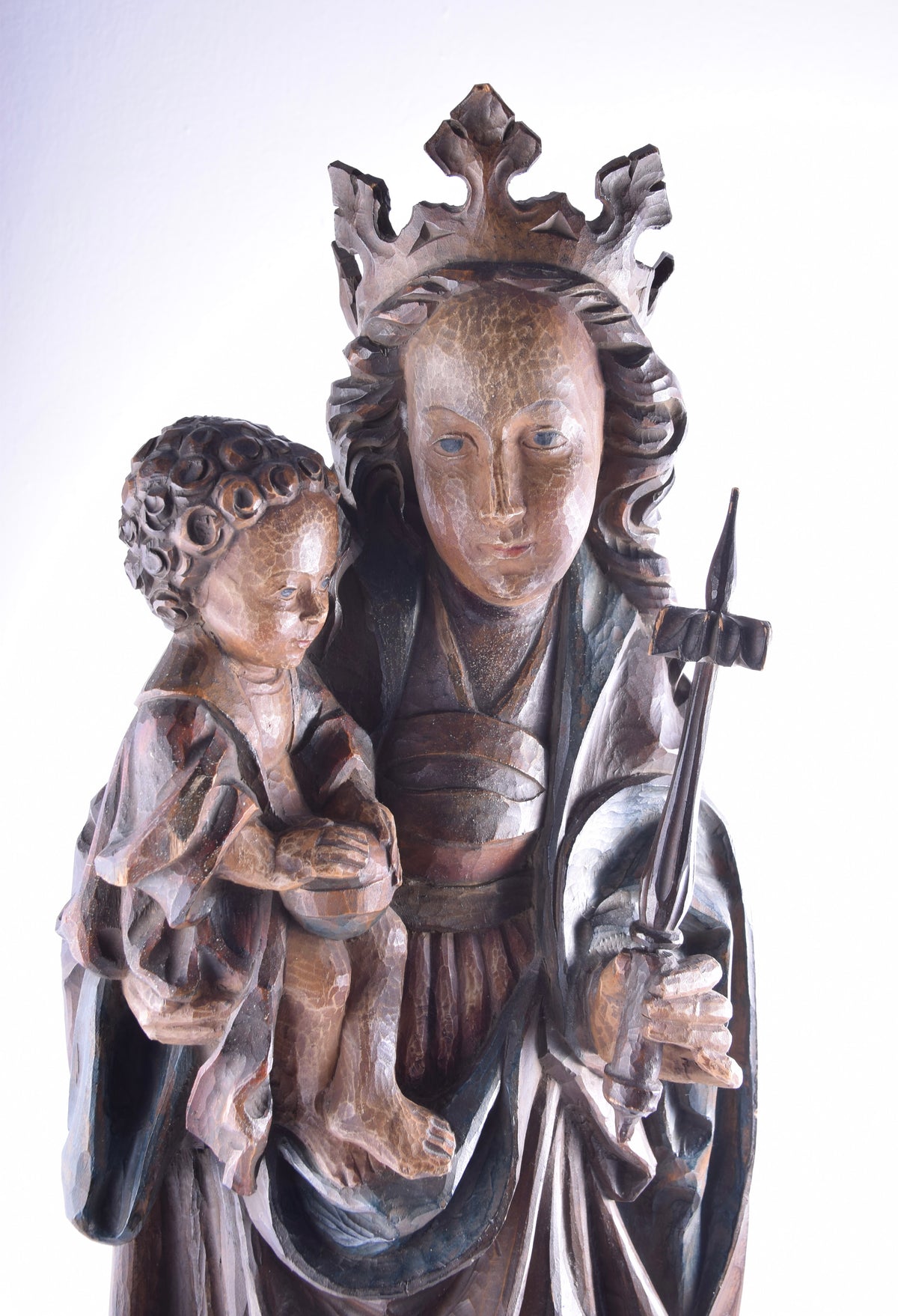 Madonna z dzieckiem drewniana rzeźba wisząca Dufner II poł XX w. 73x20cm