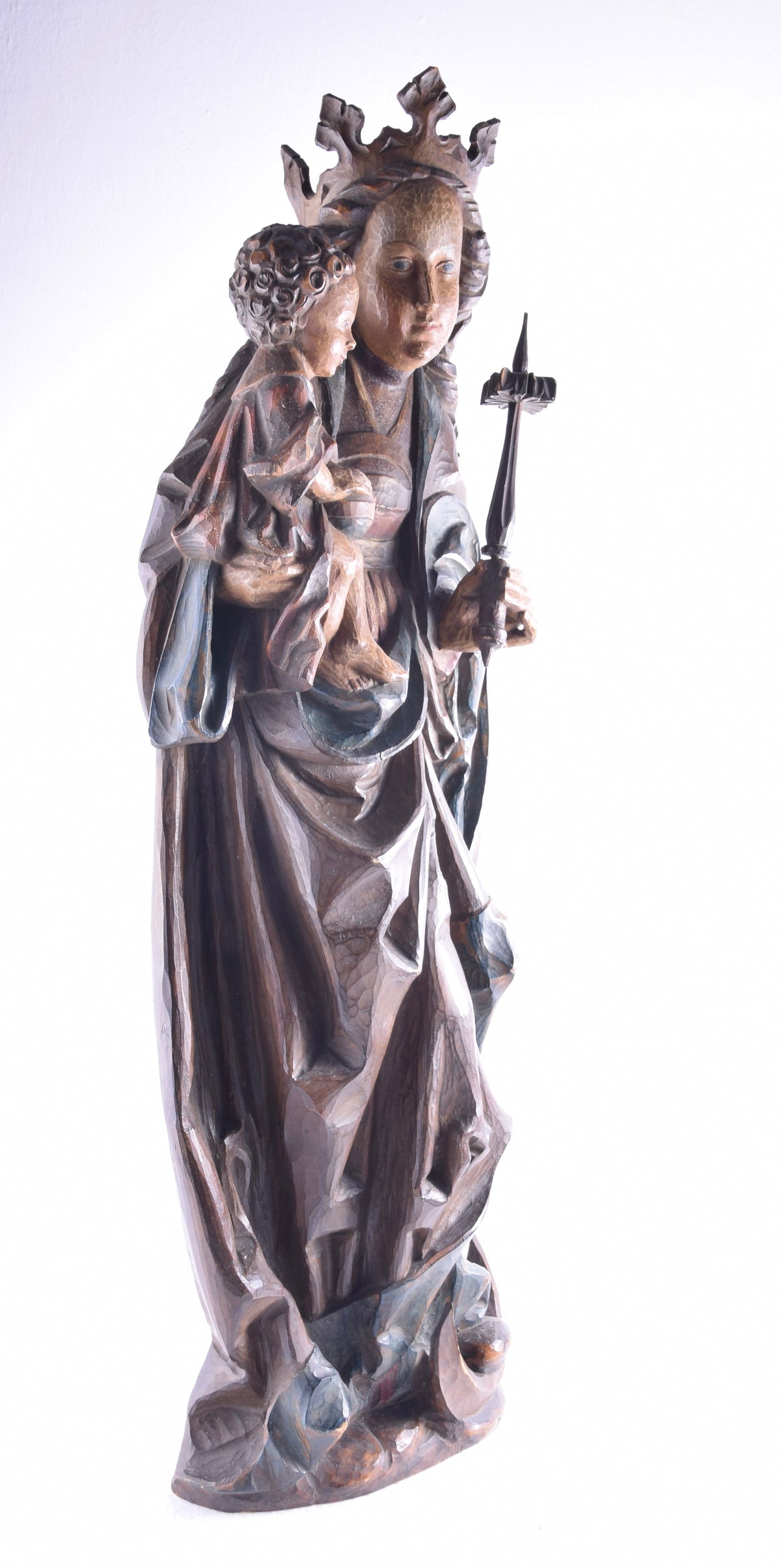 Madonna z dzieckiem drewniana rzeźba wisząca Dufner II poł XX w. 73x20cm